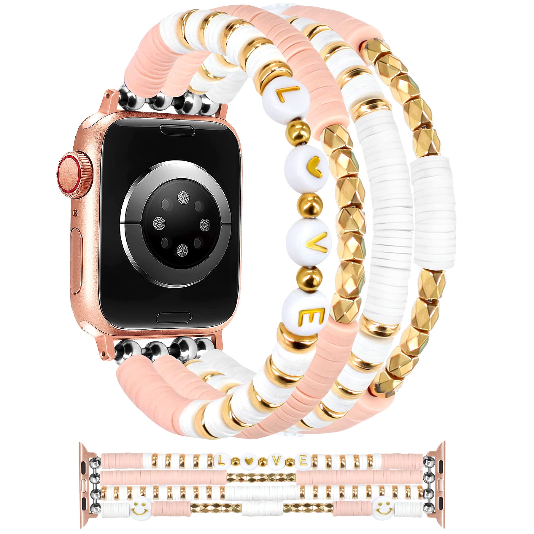 Jr.Dm Beaded Bracelet Compatible With Apple Watch 38Mm 40Mm 41Mm 42Mm 44Mm 45Mm For Women Girls, Cute Stretchy Gold Beads Handma