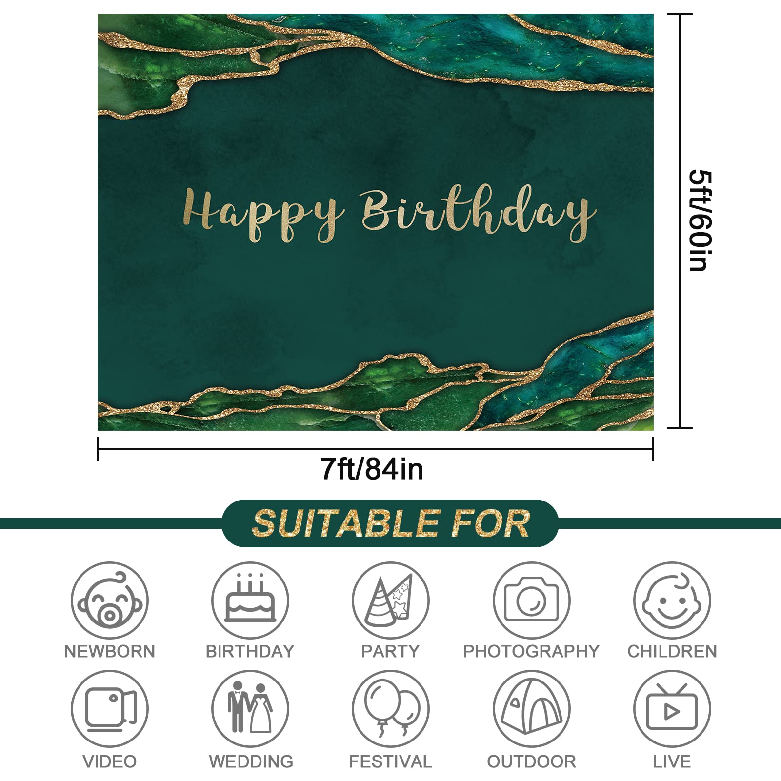Rsuuinu Happy Birthday Backdrop Emerald Green And Gold Glitter Photography Background Birthday Party Banner For Women Man Cake T