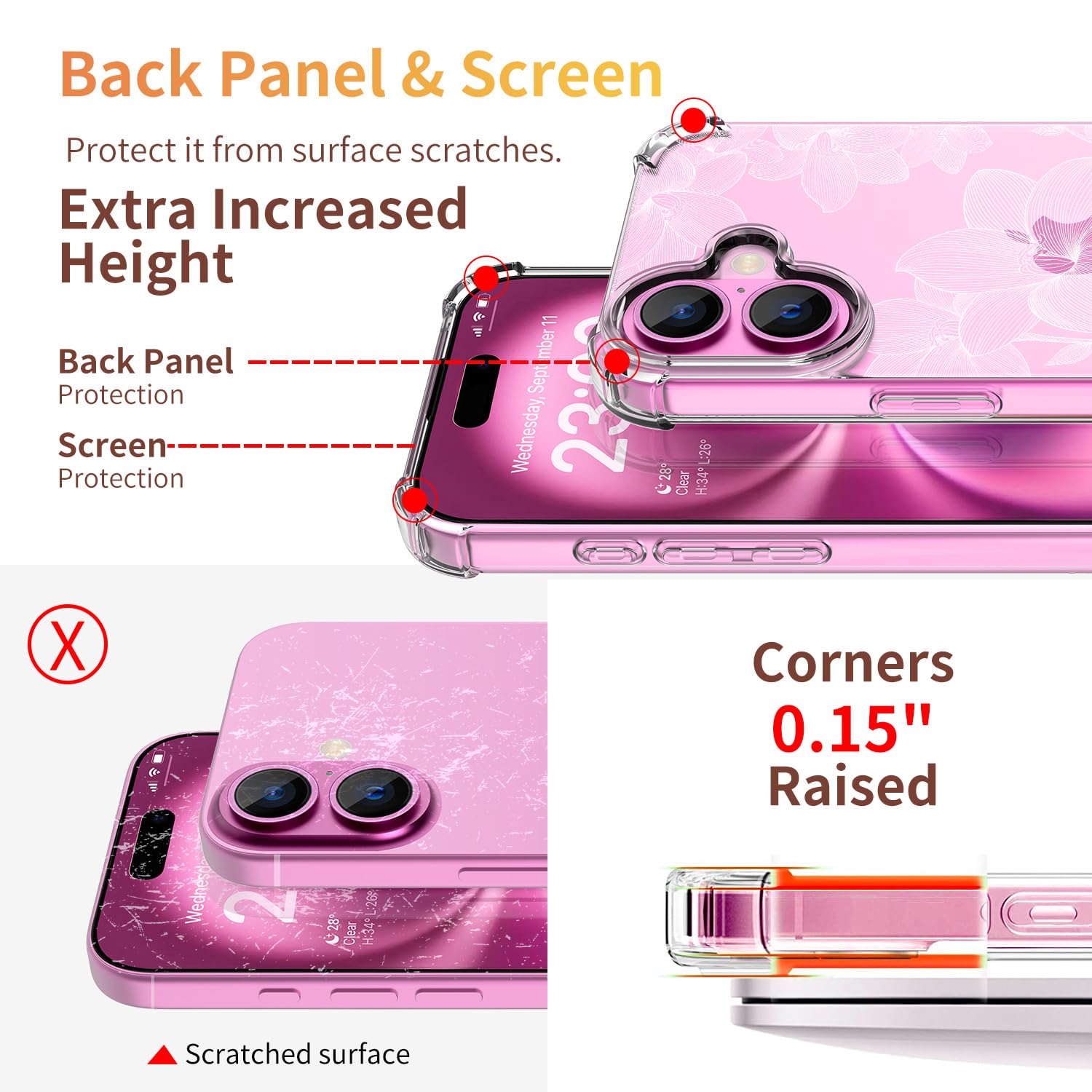 Ilnehc For Iphone 16 Case,[3 In 1] With Screen Protector & Camera Lens Protector, Flower Pattern Design,Clear Soft Shockproof Sl