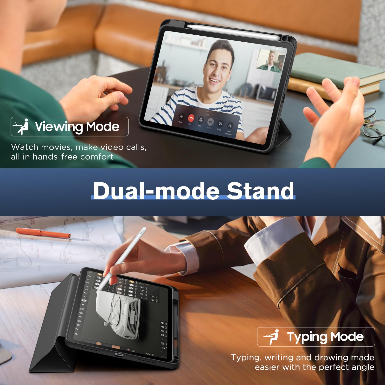 MoKo for iPad Air 11 Inch Case (M2) 2024, iPad Air 6th Generation Case/iPad Air 5th/4th Gen 2022/2020 with Pencil Holder, Smart Trifold Protective iPad Case, Hollow Logo/Auto Wake/Sleep, Black