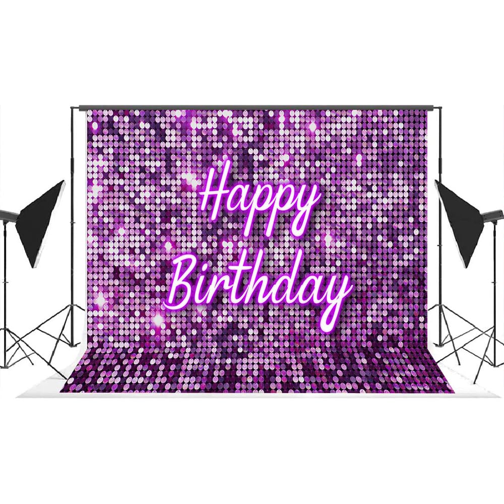 Lofaris Purple Flash Square Backdrop Happy Birthday Shinning Sequin Wall Panels Shimmer Wall Sweet 16 Girl Woman 20Th 30Th 40Th