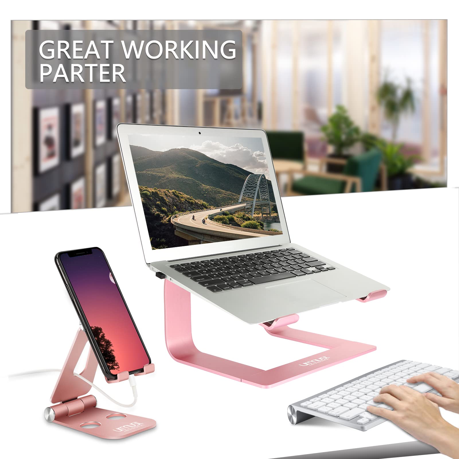 Urmust Laptop Stand For Desk Aluminum Computer Stand For Laptop Riser Holder Notebook Stand Compatible With Macbook Air Pro, Dell, Hp, Lenovo Samsung, Alienware All Laptops 11 15.6'(Rose Gold)