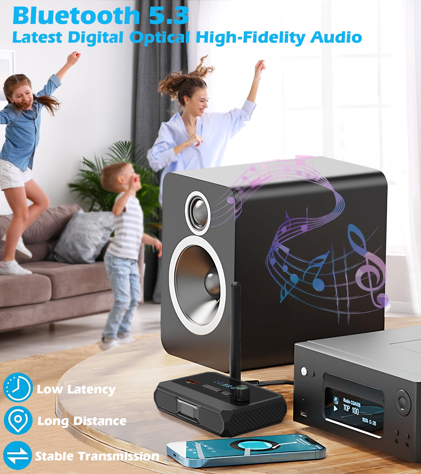 Kaiy Bluetooth 5.3 Receiver For Home Stereo, Optical Low Latency & Hd Music Audio Bluetooth To Rca Adapter For Stereo/Speakers/W