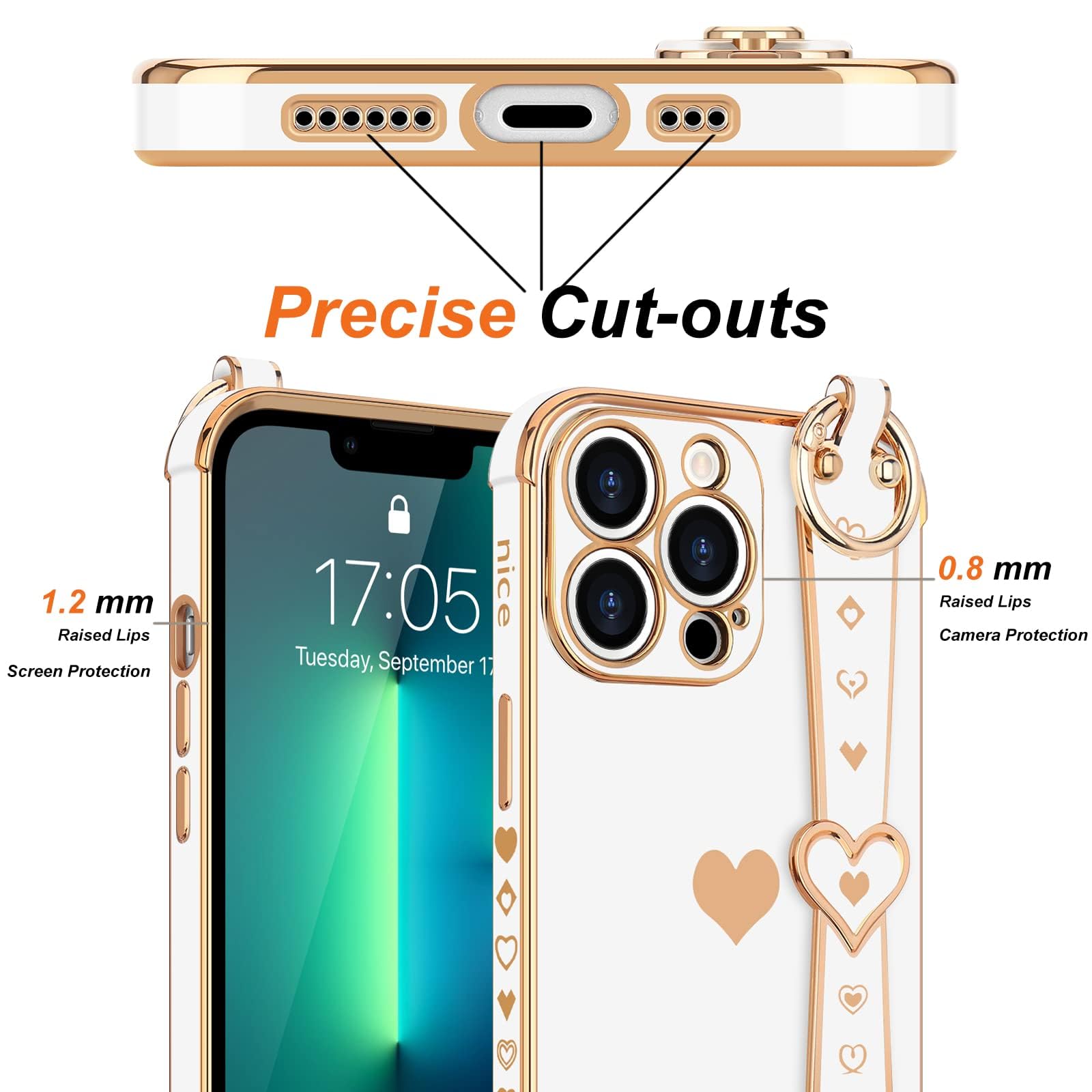 Llz.Coque For Iphone 13 Pro Case Cute Love Heart Plating Strap Phone Cover For Women Girls Bling Soft Silicone Camera Lens Prote