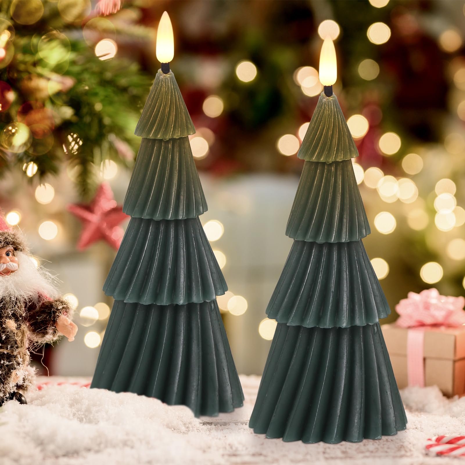 Eldnacele Stripe Christmas Tree Flameless Candle With 6 Hour Timer, Battery Operated(Included) 3D Wick Flickering Real Wax Green