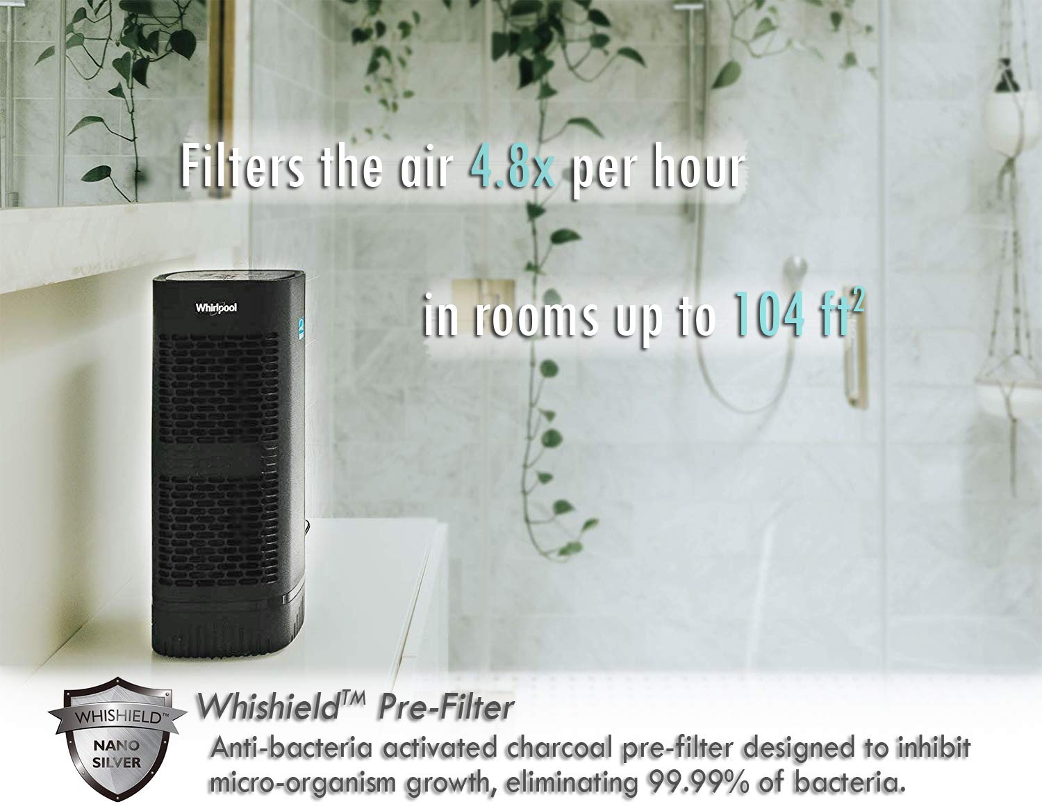 Whirlpool Whispure Wpt60B, True Hepa Air Purifier, Activated Carbon Advanced Anti Bacteria, Ideal For Allergies, Odors, Pet Dand