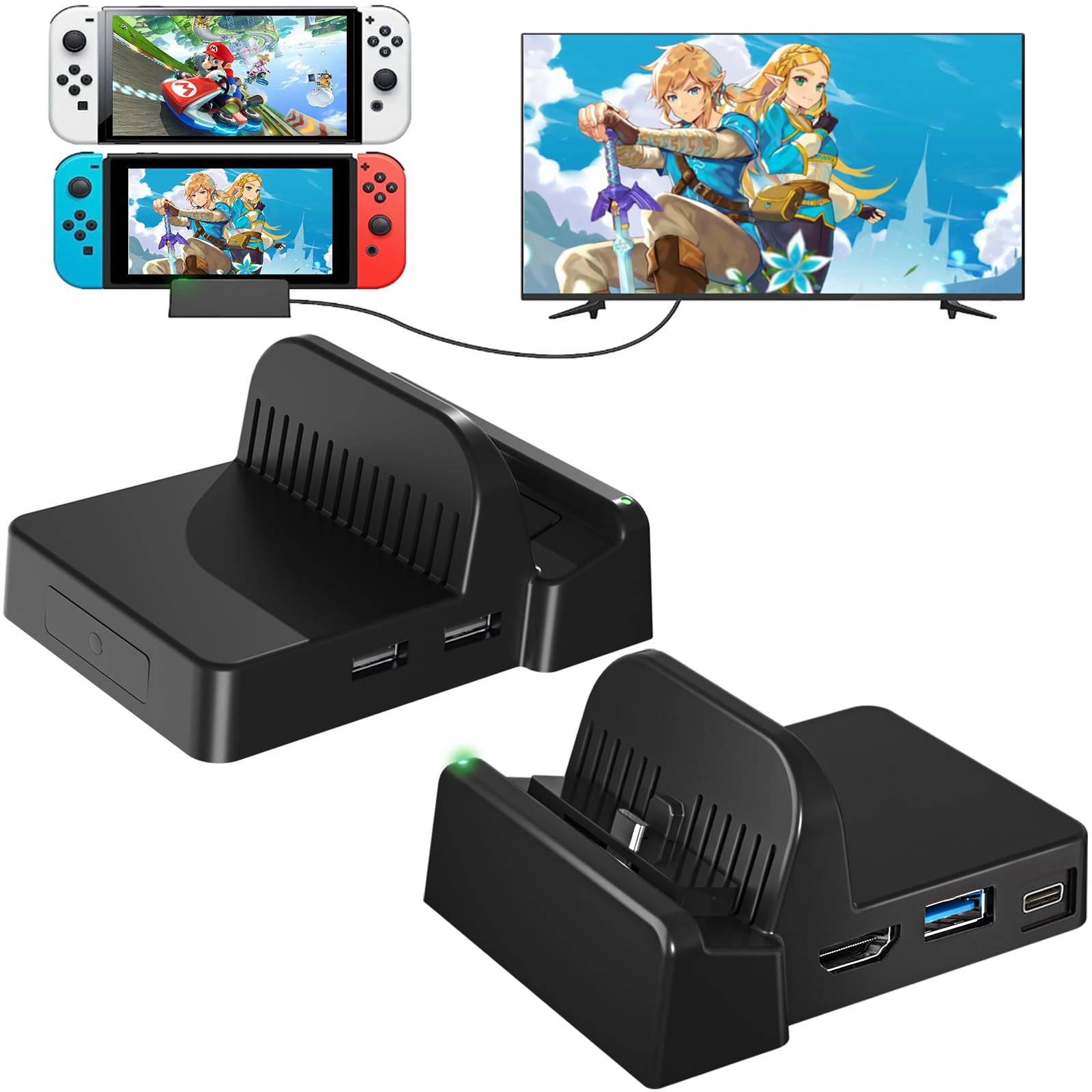 2 Pack TV Docking Station for Nintendo Switch/Switch OLED, Portable Switch Charging Dock for TV with 4K/1080P HDMI/Type C/USB 3.