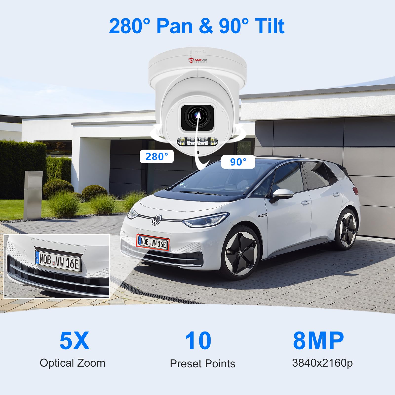 Anpviz 4K 8Mp Poe Ptz Camera Outdoor, 5X Optical Zoom 2.7~13.5Mm Lens, Pan 280 Tilt 90 Ip Security Camera Human Vehicle Detectio