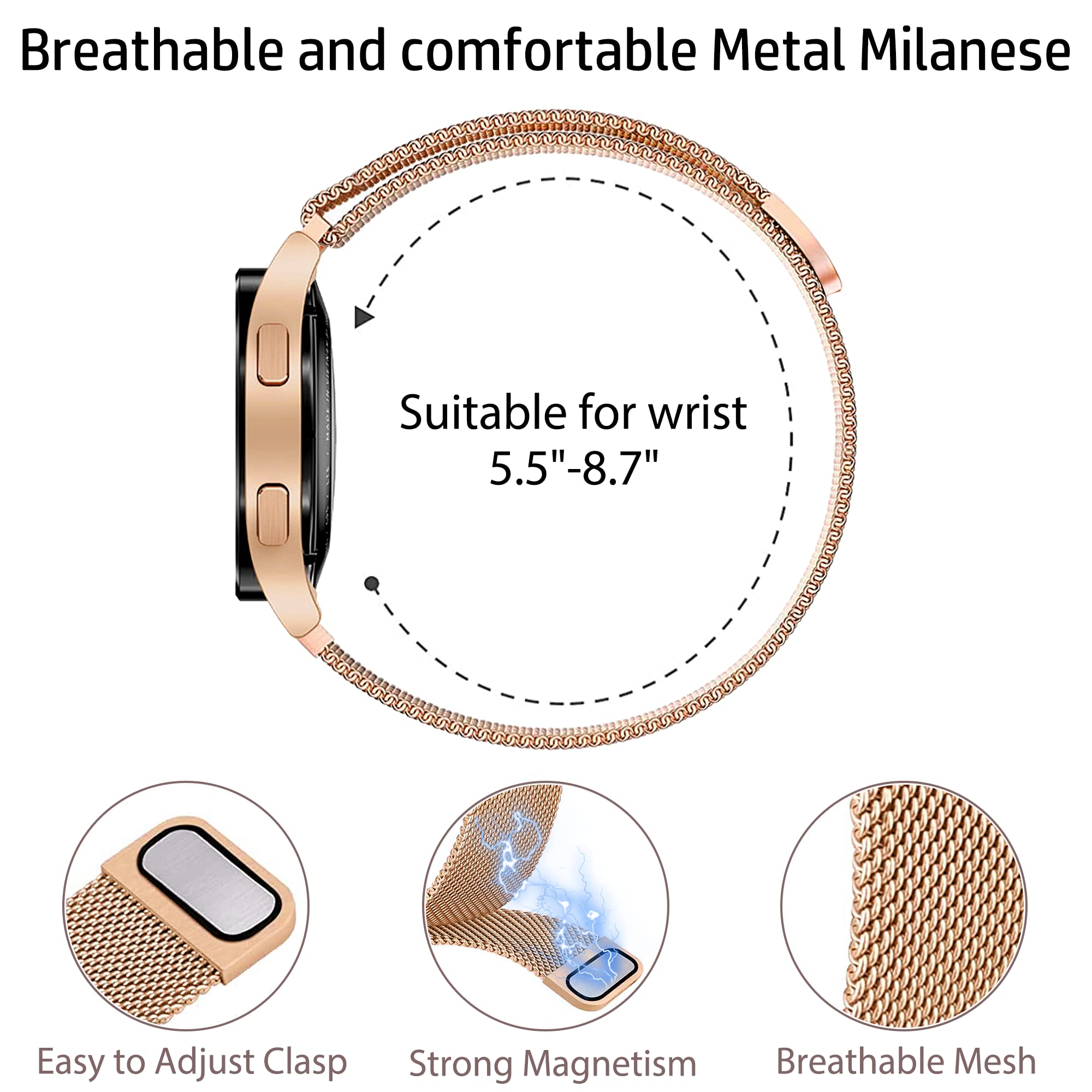 2 Packs Soft Metal Milanese Samsung Watch 4/5 Band, Mesh Loop 20Mm Super Breathable & Comfortable Band, Compatible With Samsung