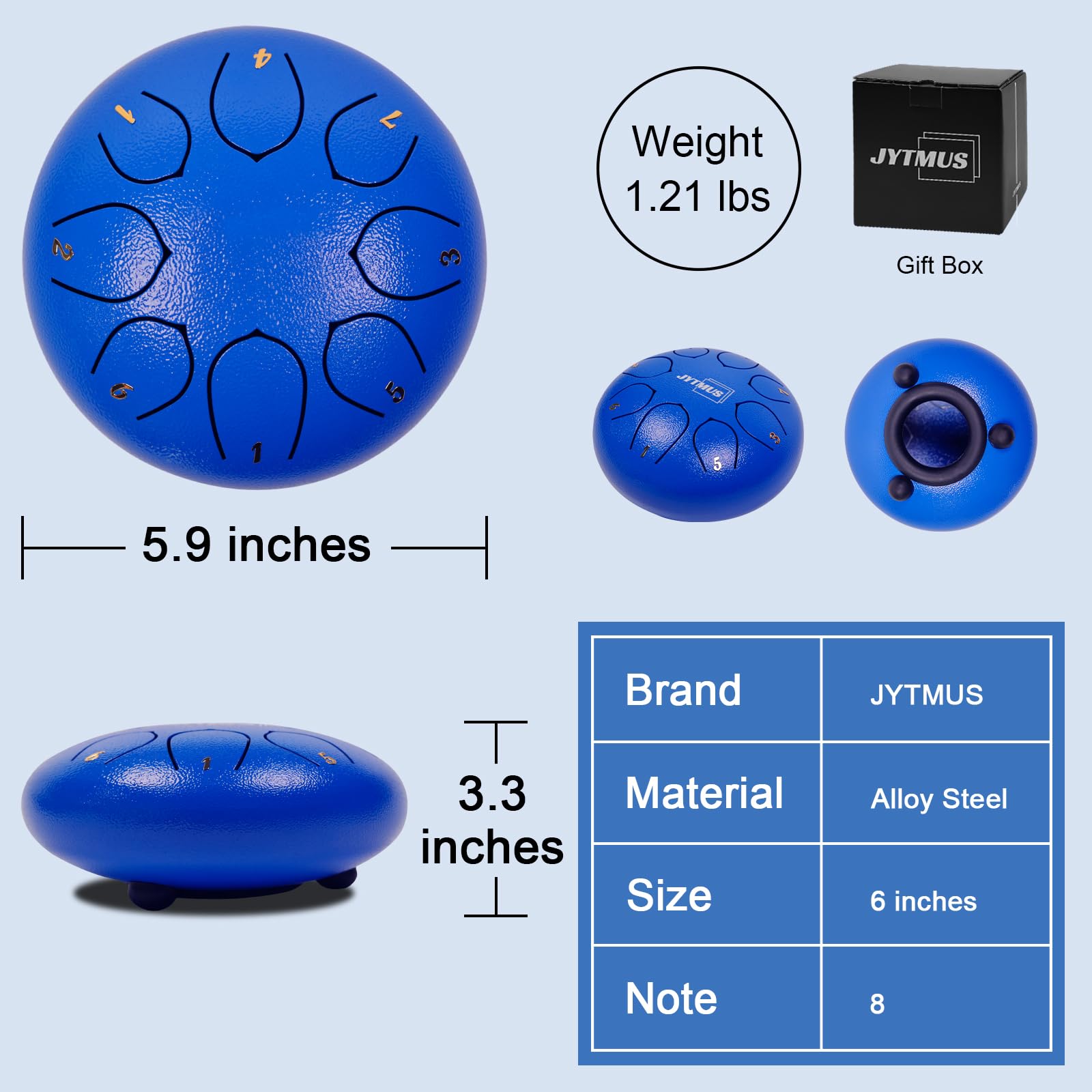 Jytmus Steel Tongue Drum 8 Notes 6 Inches Steel Drum With Drum Bag, Music Book, Drum Mallets, Mallet Holder And Stickers Tongue
