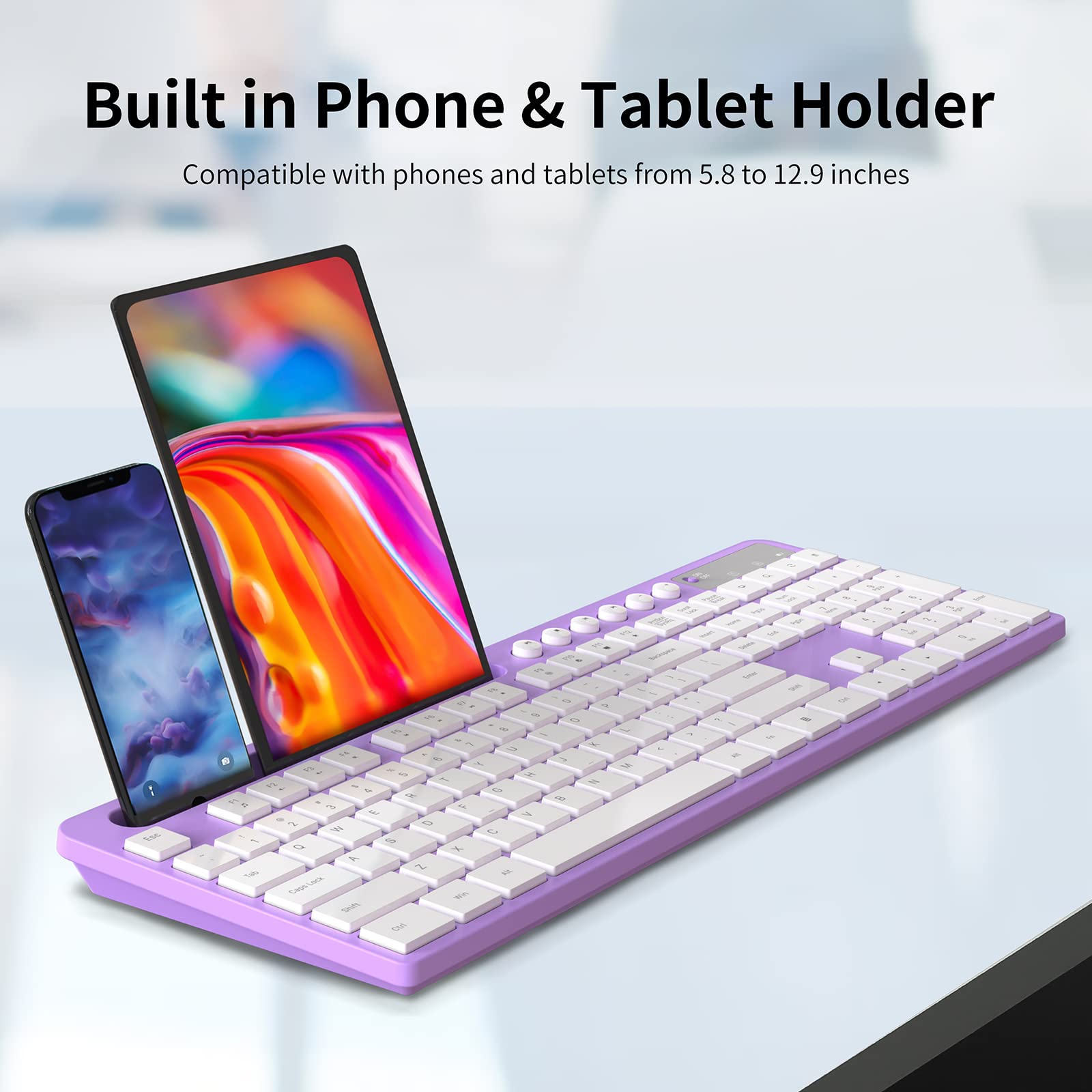 Wireless Keyboard And Mouse Combo, Marvo 2.4G Ergonomic Wireless Computer Keyboard With Phone Tablet Holder, Silent Mouse With 6 Button, Compatible With Macbook, Windows (Purple)