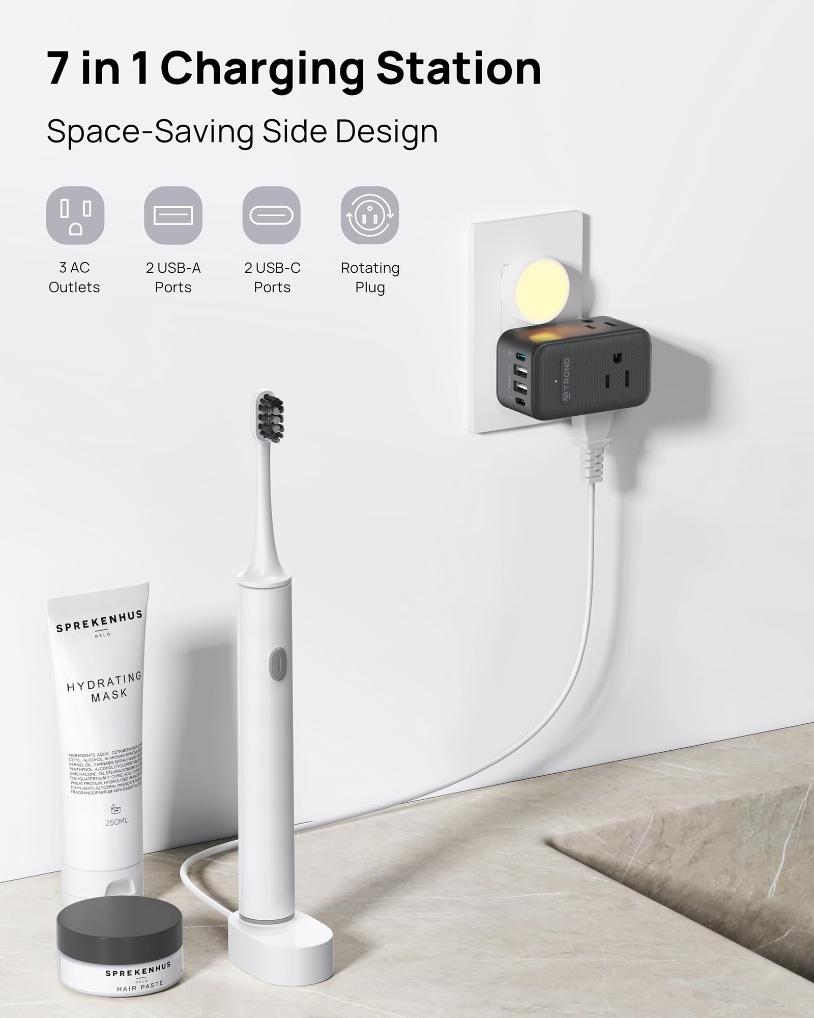 Trond Multi Plug Outlet Extender, 3 Ac Outlet Adapter With 360 Rotating Plug, Black Power Splitter With Pd 20W Usb C Charger, A