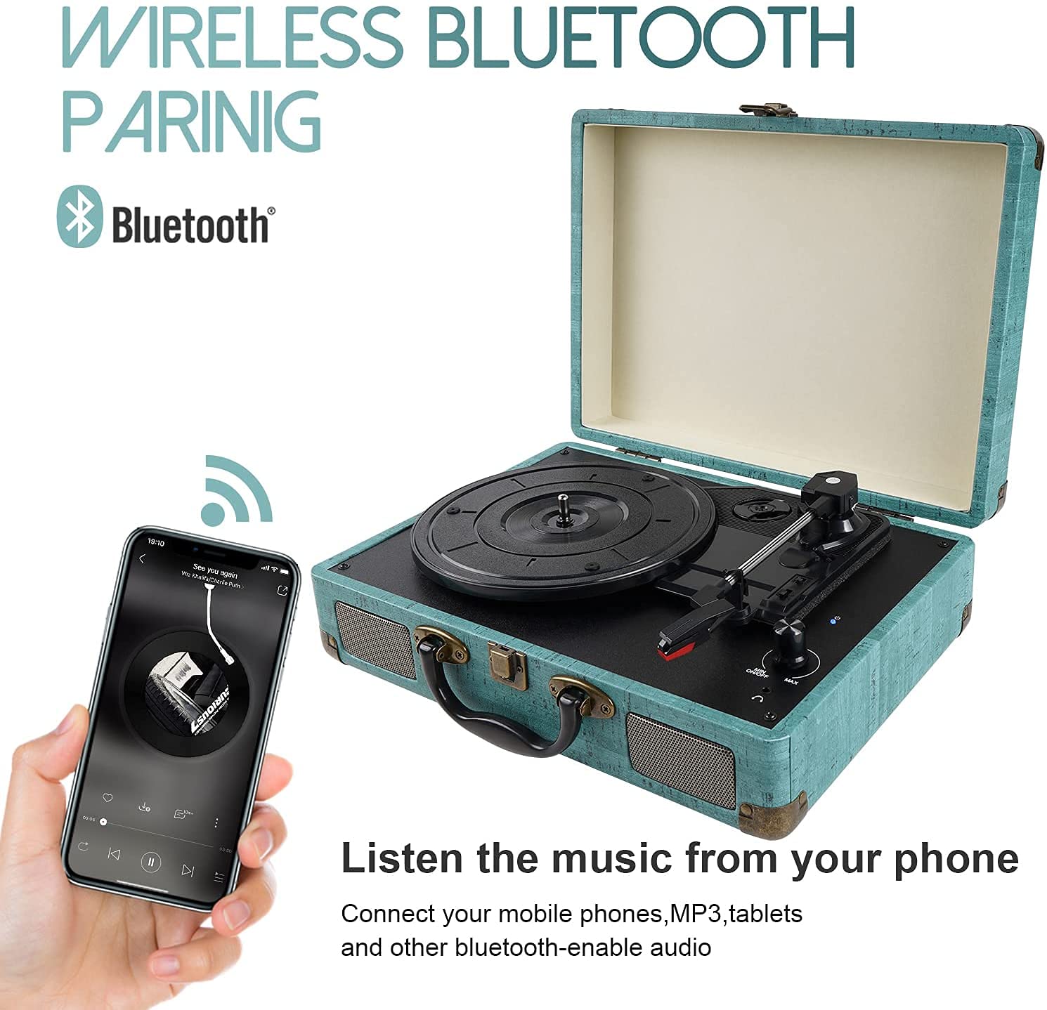 3 Speed Portable Bluetooth Turntable With Built In Speakers, Supports Bluetooth, Rca Output, 3.5Mm Aux In And Headphone Jack And