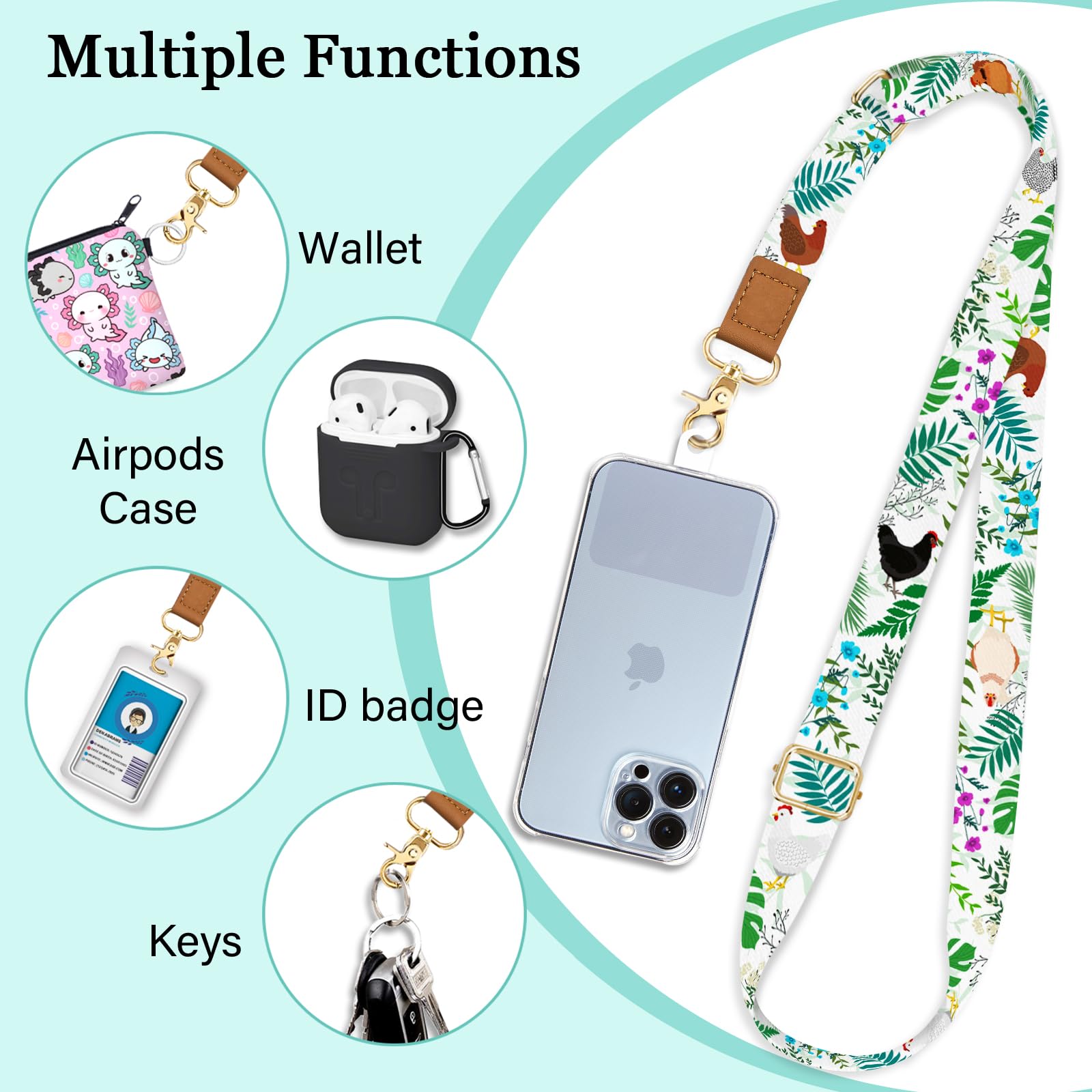 Piefly Phone Lanyard Crossbody Wrist Strap, Flower Chickens Cell Phone Lanyards For Around The Neck Wristlet Shoulder, Adjustabl
