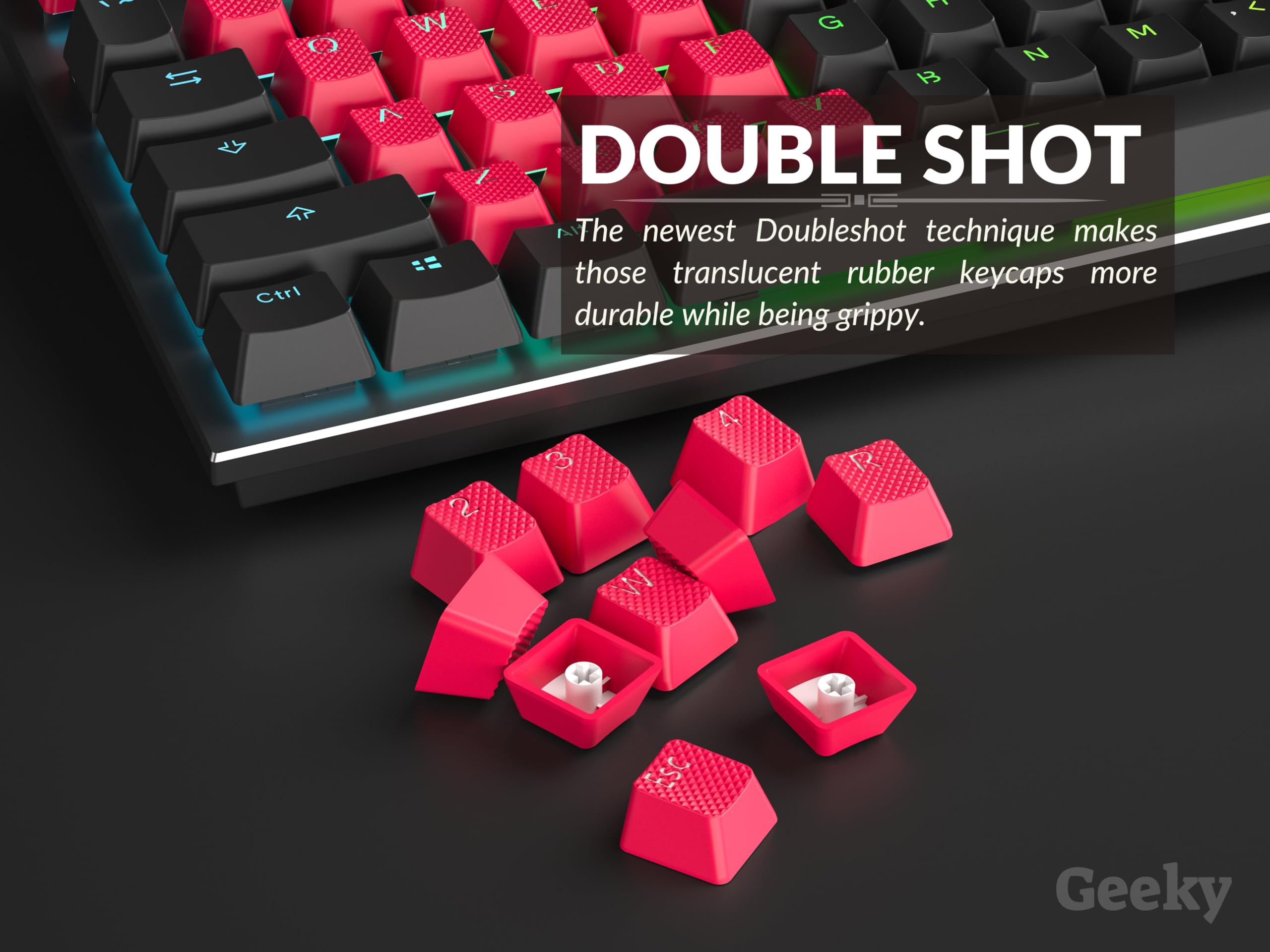Geeky Rubberized Keycap Set | Double Shot Translucent | Abs + Tpr | Oem Profile For Mechanical Gaming Keyboard (Red, 23 Keys)