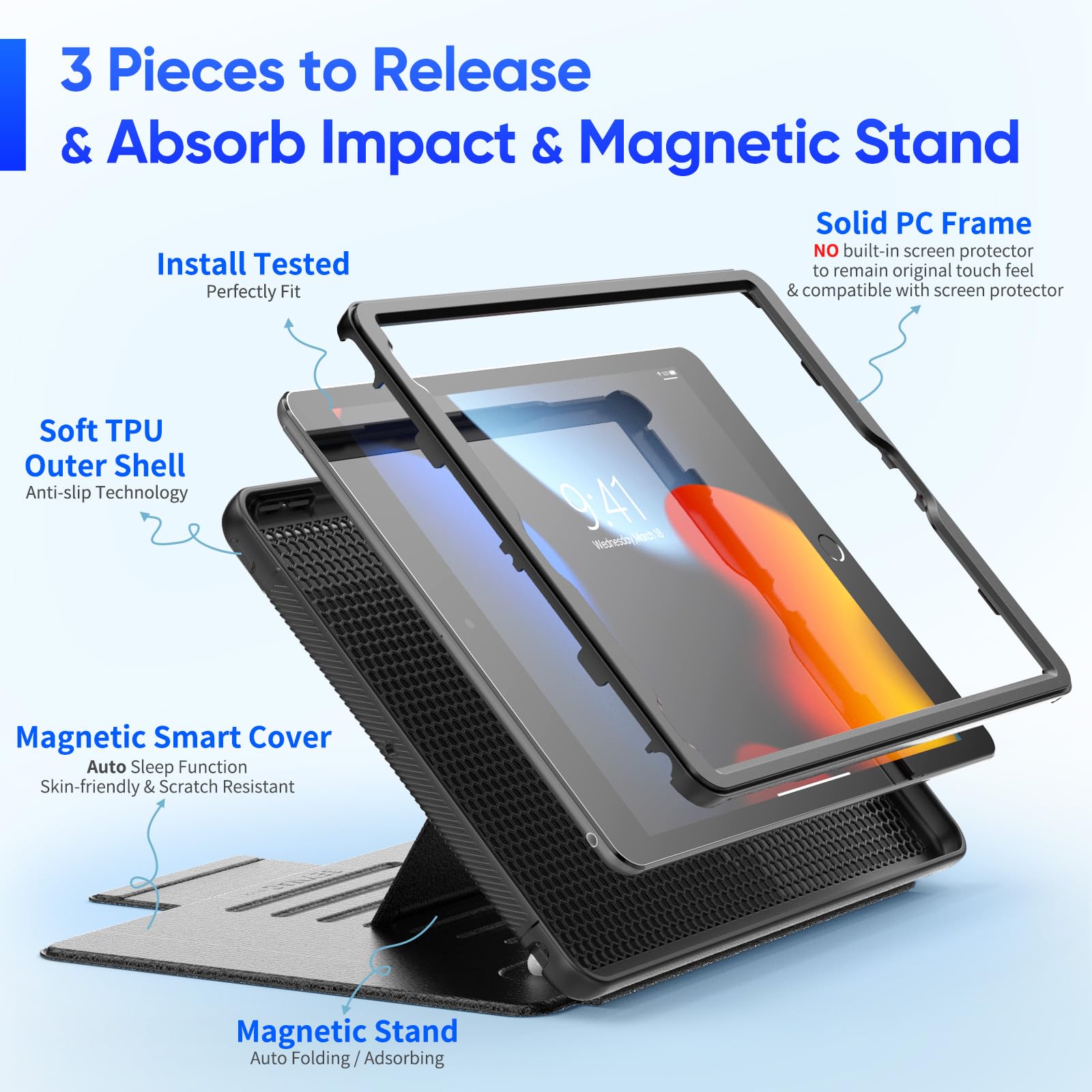 Seymac Stock Ipad 9Th/8Th/7Th Generation Case 10.2'', Strong Magnetic Auto Sleep Shockproof Case With Absorbing Multi Angles Sta