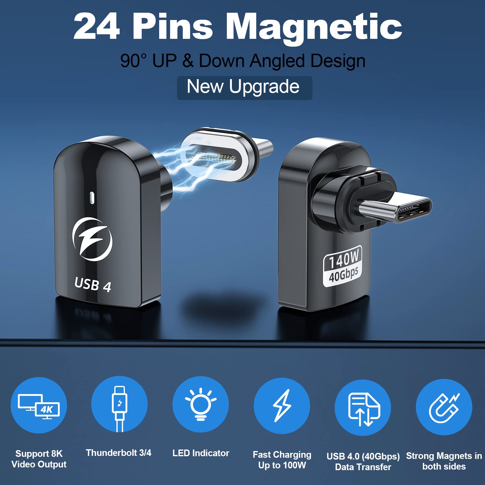 Duhesin Usb C Magnetic Adapter, (2 Pack) Right Angle Magnetic Usb C Adapter 24 Pins With Pd 140W Charge Usb4 40Gbps 8K 60Hz For Thunderbolt 3/4, Macbook Pro/Air, Swtich And More Type C Devices