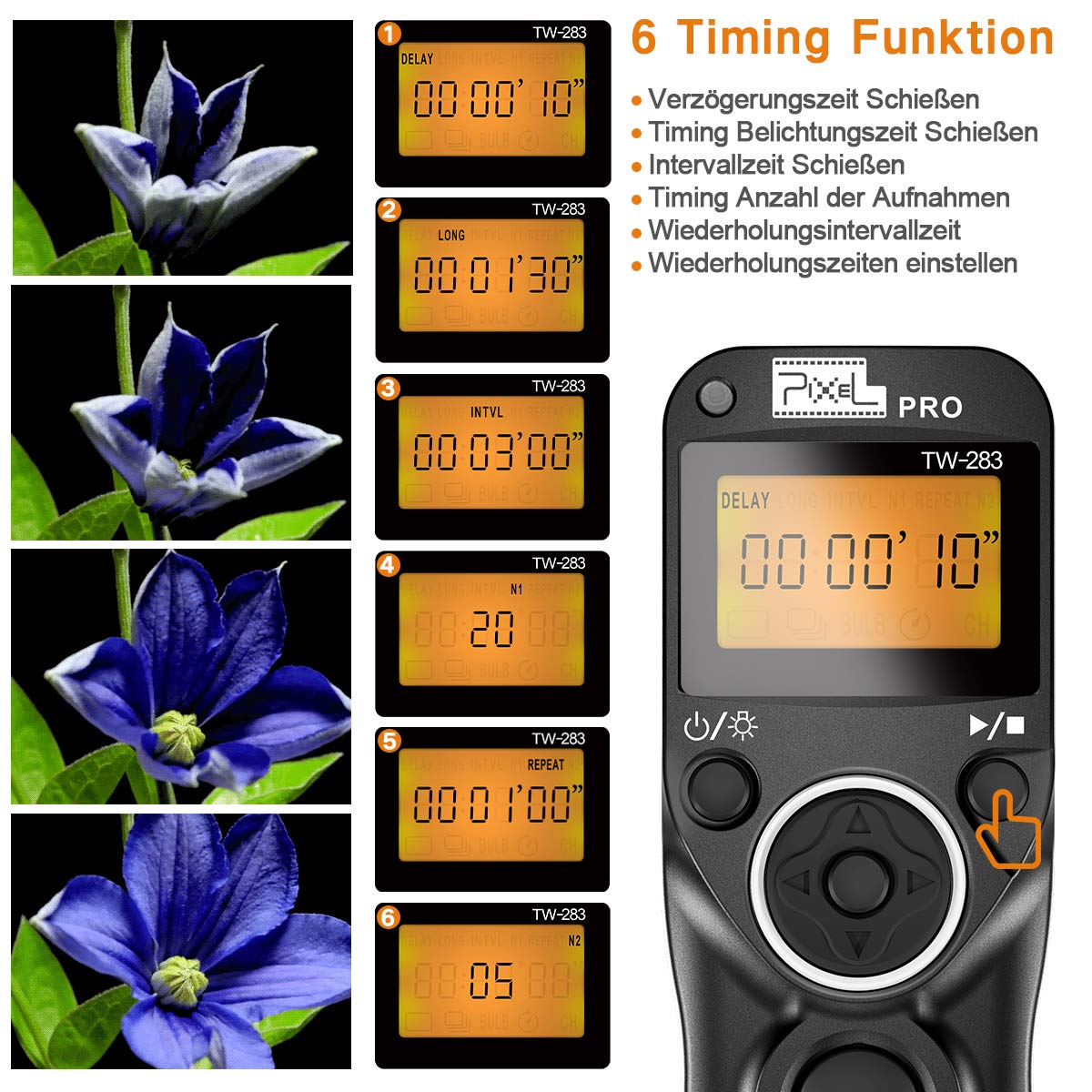 Pixel Tw-283/N3 Lcd Wireless Shutter Release Timer Remote Control For Canon 7D Series, 5D Series, 50D, 40D, 30D, 10D