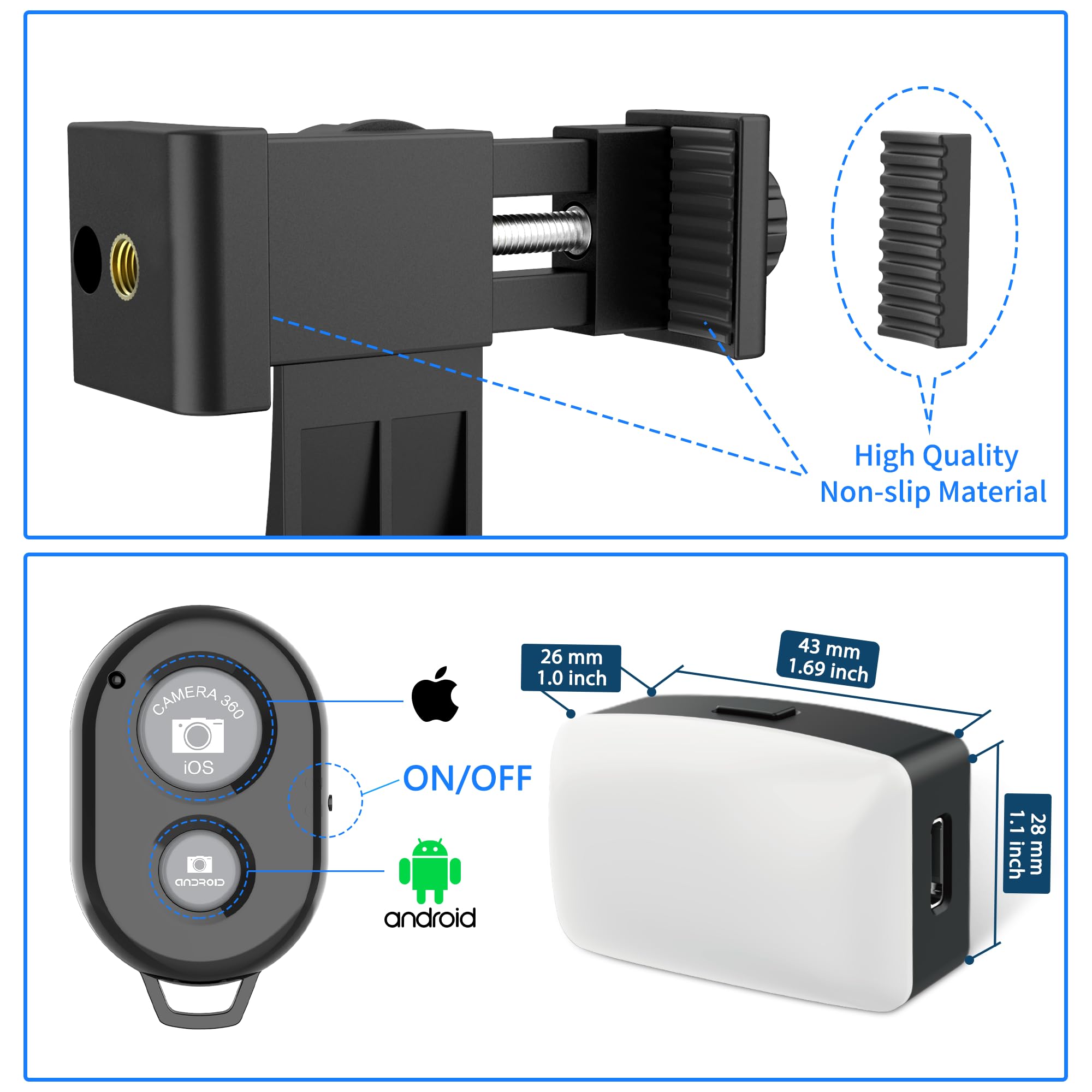 Zttopo Universal Phone Tripod Mount Adapter With Wireless Camera Remote And Led Light, Cell Phone Holder With Adjustable Clamp F