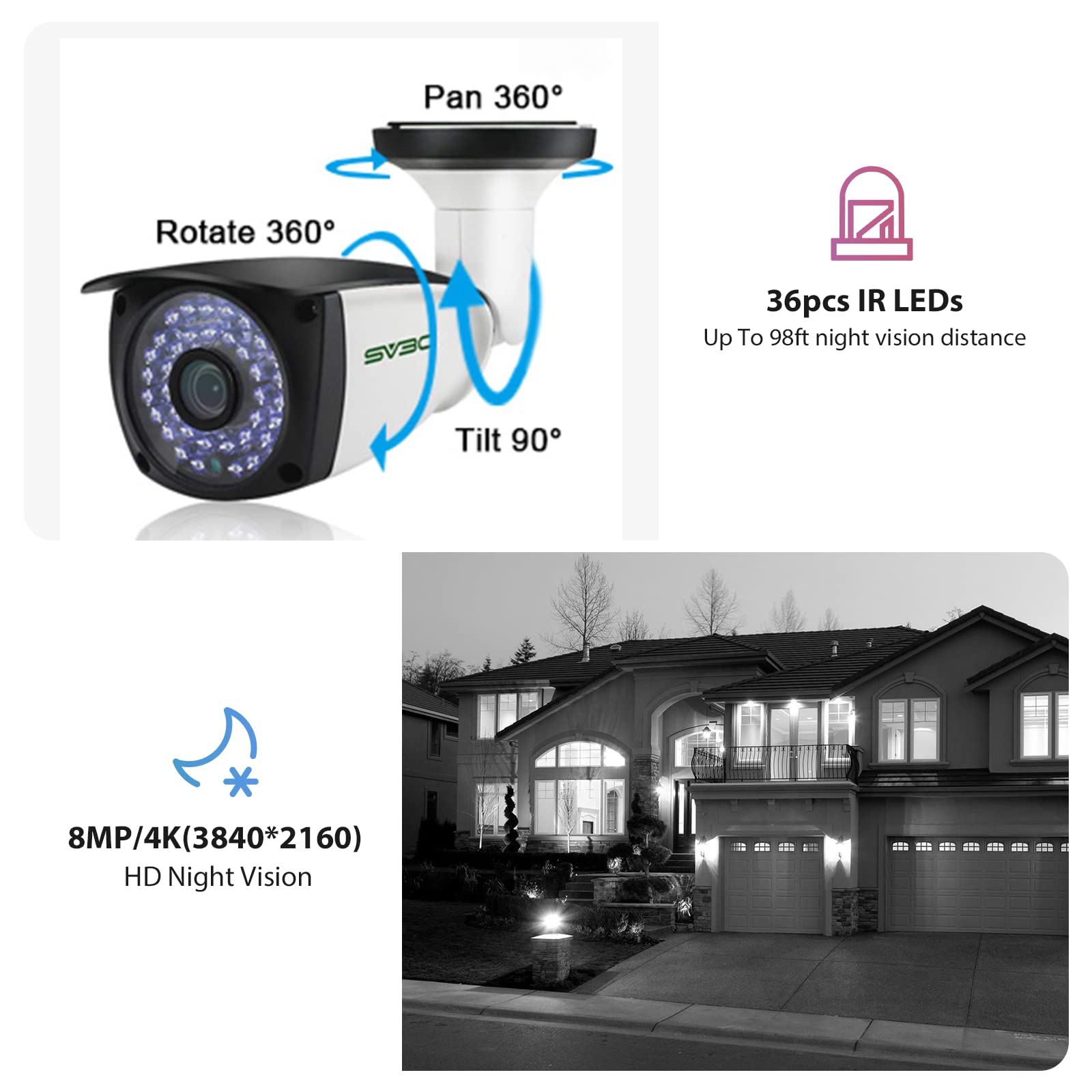 Sv3C 4K Poe Camera Security Outdoor 8Mp Poe Ip Camera With Motion Detection 98Ft Hd Infrared Night Vision 2 Way Audio Metal Shel
