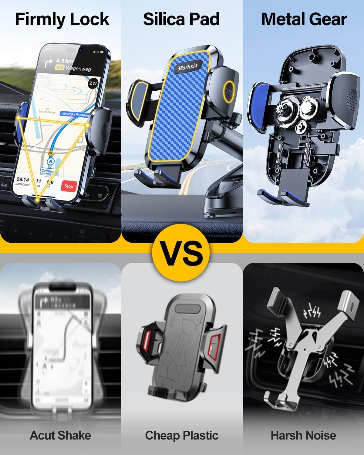 Rorhxia Blue 3-In-1 Phone Mount For Car [2025 Most Stable And Flexible Suction Cup] Vent Dashboard Windshield Cell Phone Holder