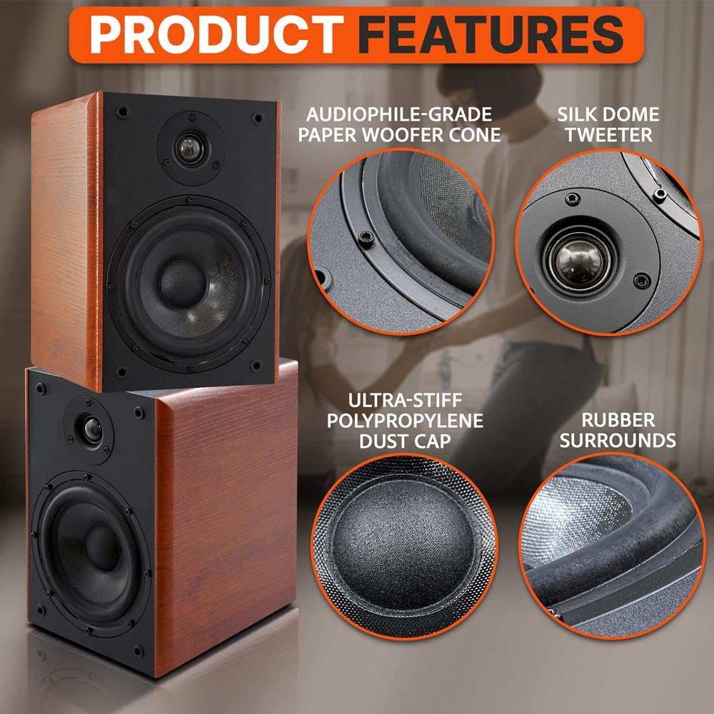 Pyle 6.5'' Home Wooden Bookshelf Speakers, 240W Max Power, 1'' Silk Dome Tweeter And Aluminum Voice Coils, Pair, Gold Plated 5 W