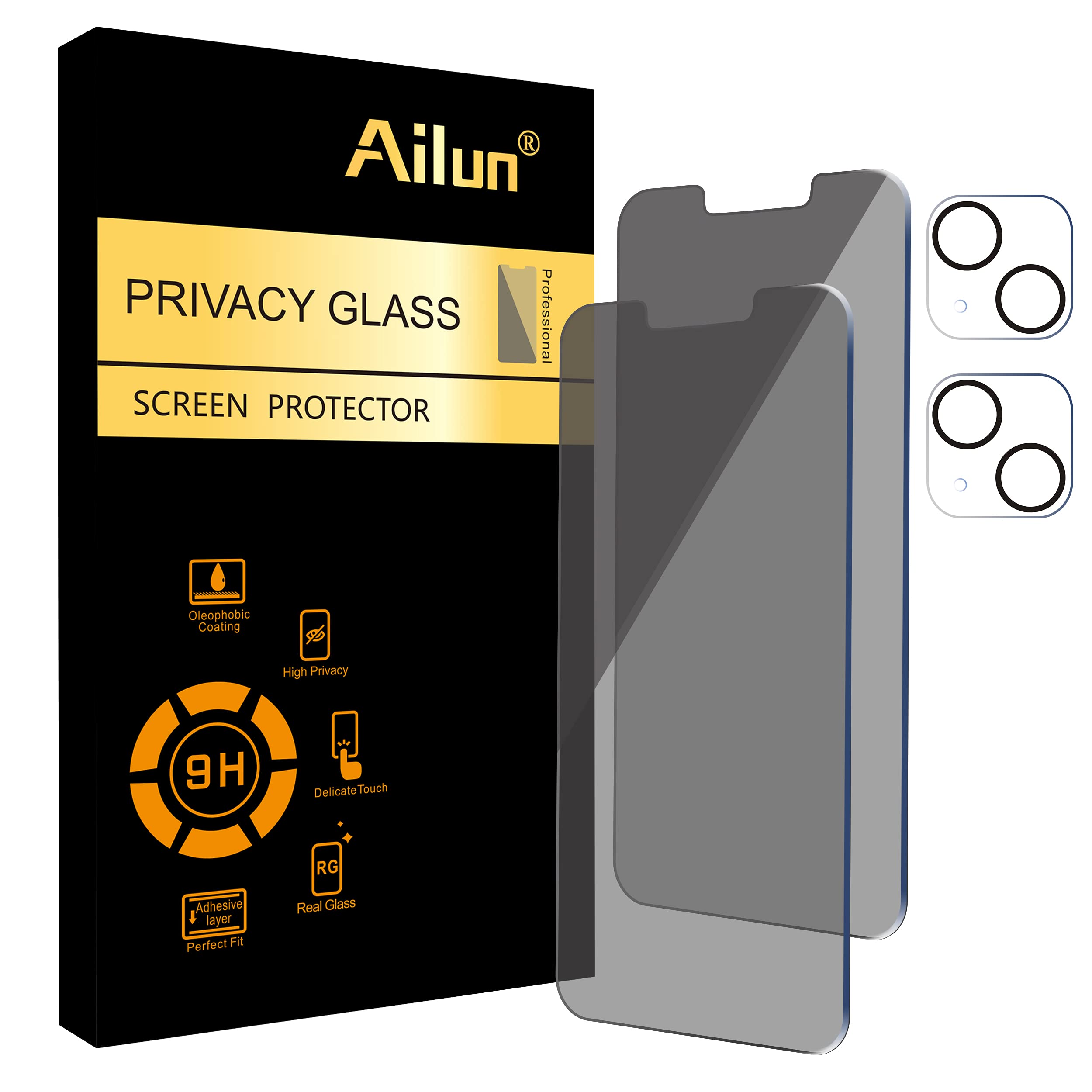 Ailun 2Pack Privacy Screen Protector For Iphone 13 Mini [5.4 Inch] + 2 Pack Camera Lens Protector, Anti Spy Private Tempered Gla