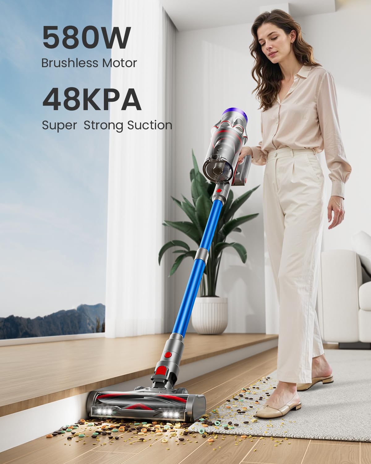 Cordless Vacuum Cleaner, 48Kpa 580W 65Mins Vacuum Cleaner For Home, Anti-Tangle Self-Standing Stick Vacuum With Scented Tablet,