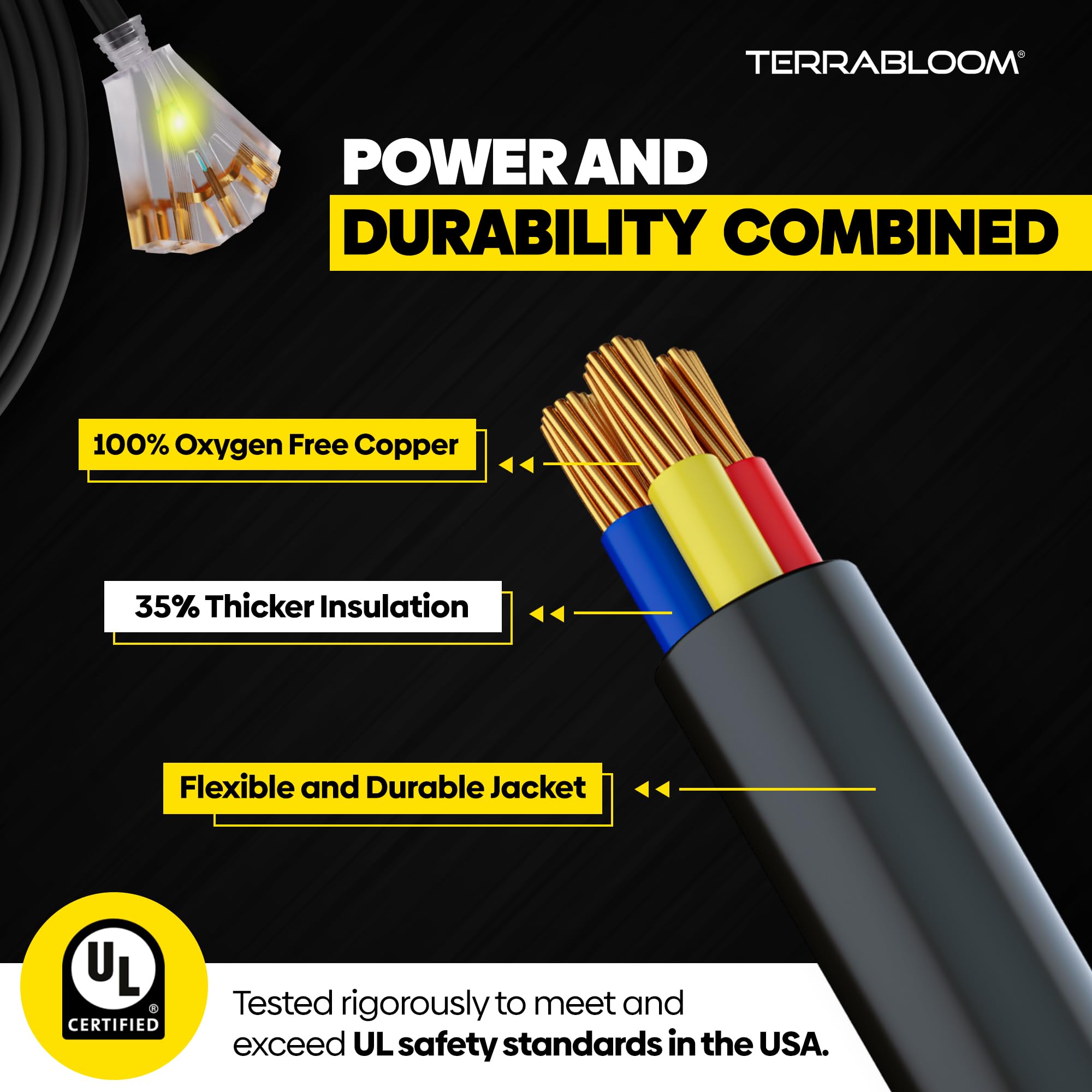 Terrabloom 12/3 Heavy Duty Extension Cord 15 Ft Outdoor   Black Outdoor Extension Cord Multiple Outlet   Ultra Flexible Sjeow Ru