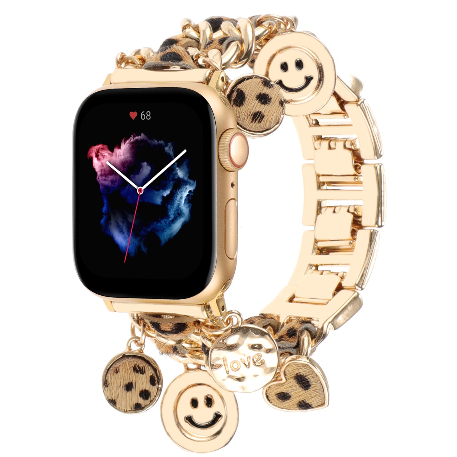 Realsign Stylish Metal Wristband Compatible With Apple Watch Band 38Mm 40Mm 41Mm,Cuban Chain Bracelet Leopard Love Smile Face Pe