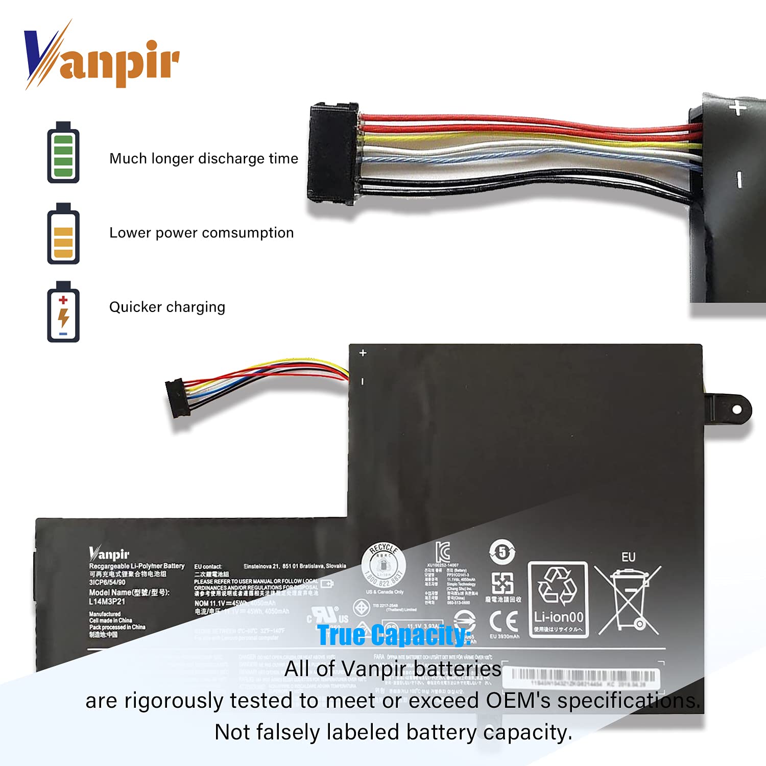 Vanpir L14M3P21 Laptop Battery 11.1V 45Wh 4050Mah Replacement For Lenovo Ideapad 310S 320S 500S 510S 520S Edge 2 1580 Flex 3 147