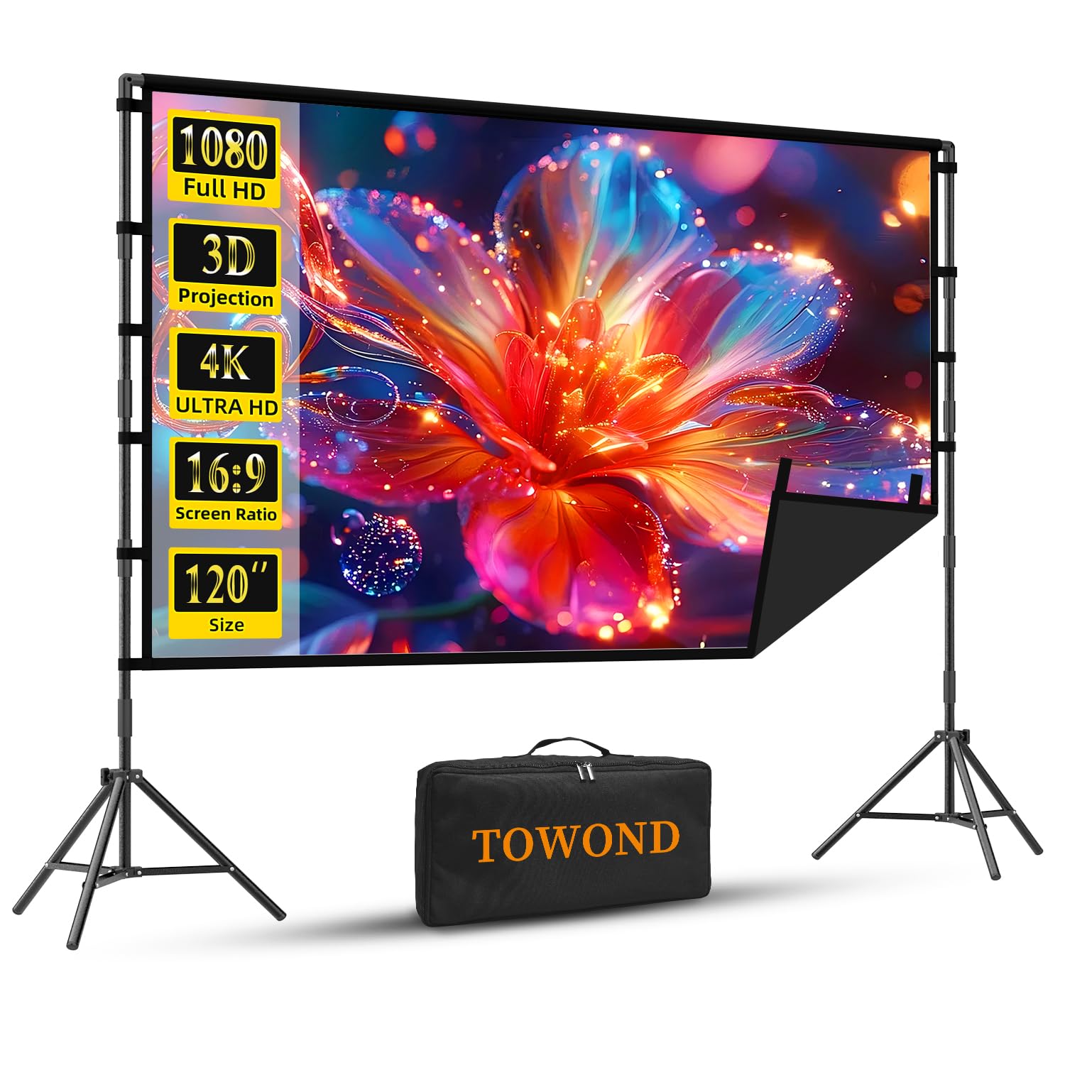 Outdoor Projector Screen with Stand, TOWOND 120 inch Portable Projector Screen Black Backing, Indoor Projection Screen 16:9 4K H