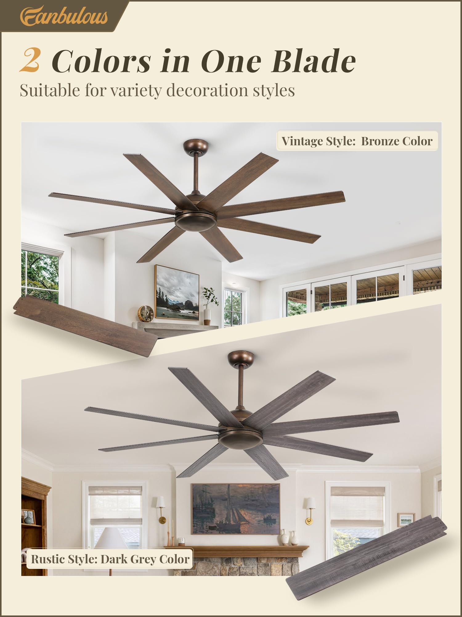 Fanbulous 65 Inch Ceiling Fans No Light With Remote, Bronze Indoor/Outdoor Ceiling Fan Without Light With Quiet Reversible Dc Mo
