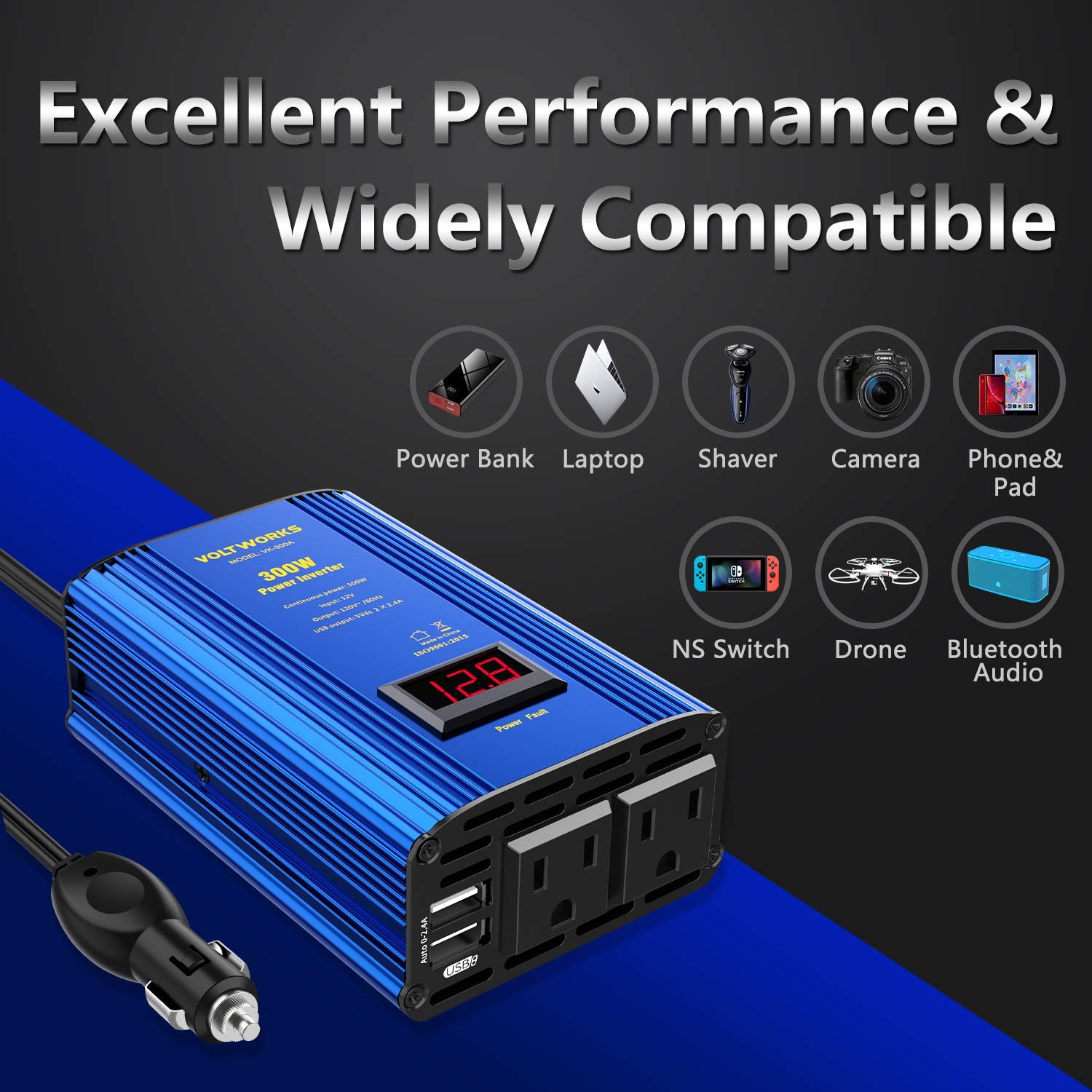 Power Inverter 300W Car Inverter Dc 12V To 110V Ac Converter With Led Display & 2X2.4A Dual Usb Car Adapter Charger Compatible W