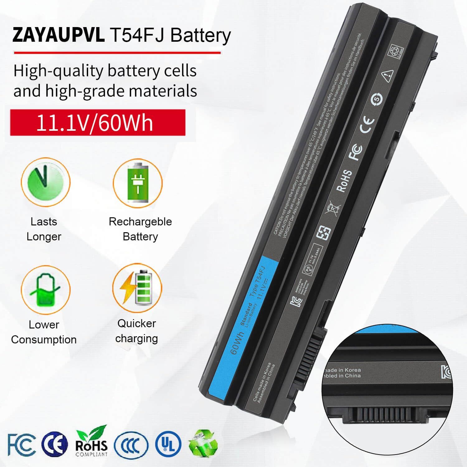 Zayaupvl 60Wh T54Fj Battery Replacement 8858X N3X1D For Dell Latitude E6430 E6540 E6530 E6520 E6420 E5430 E5420 E5530 E6440 E552