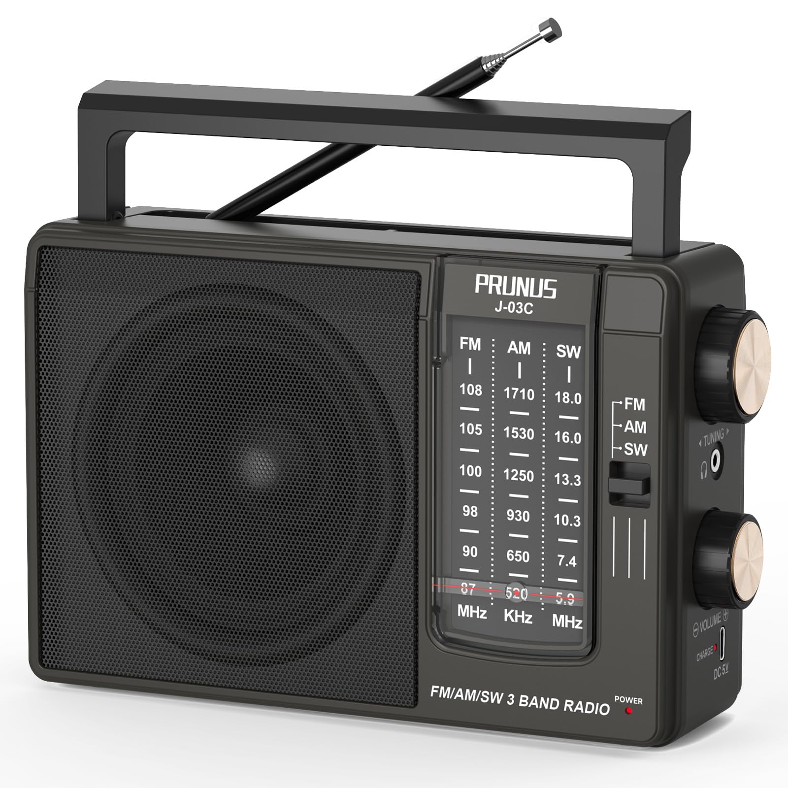 PRUNUS J03C AM FM Radio Portable USB or AA Battery Operated for Home/Outdoor, Large Speaker Excellent Sound, Excellent Reception