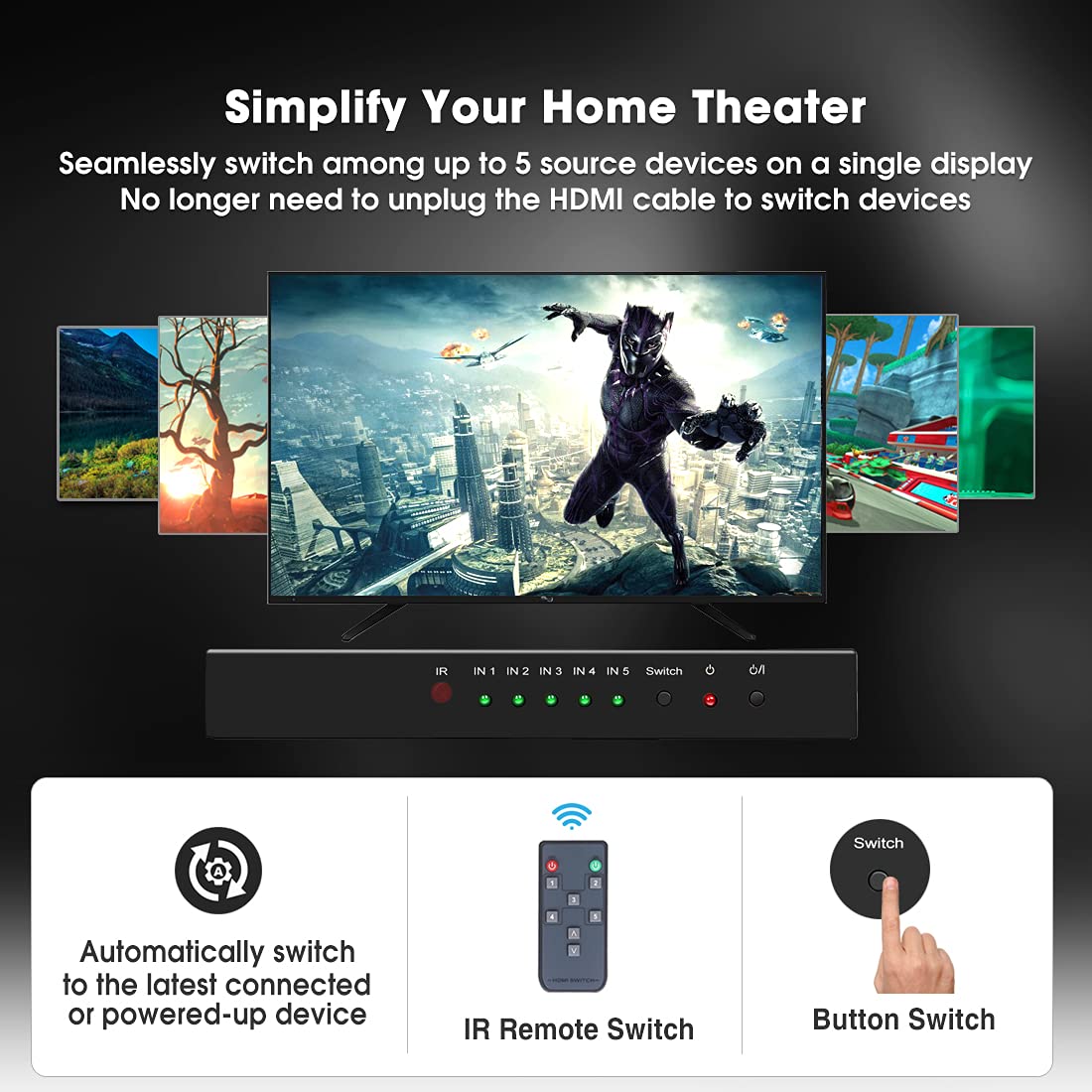 (Newest Version) Roofull 5 Port 4K Hdmi Switch With Remote 5 In 1 Out 4K@60Hz Hdmi 2.0 Video Switcher Selector, Dolby Vision/Atm