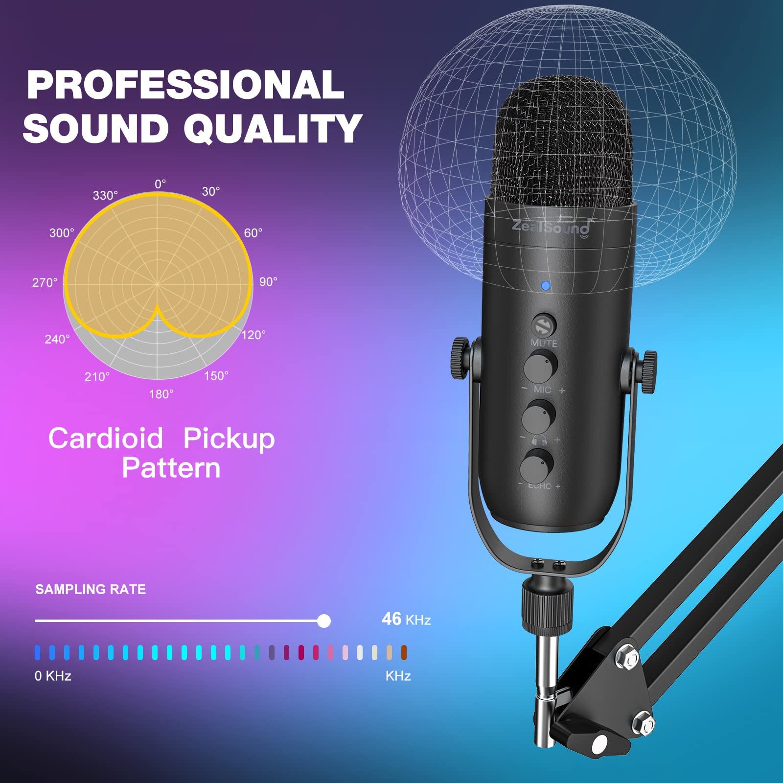 Zealsound Gaming Microphone Kit,Podcast Condenser Usb Mic With Boom Arm,Supercardioid Microphone With Mute Button,Echo Volume Ga