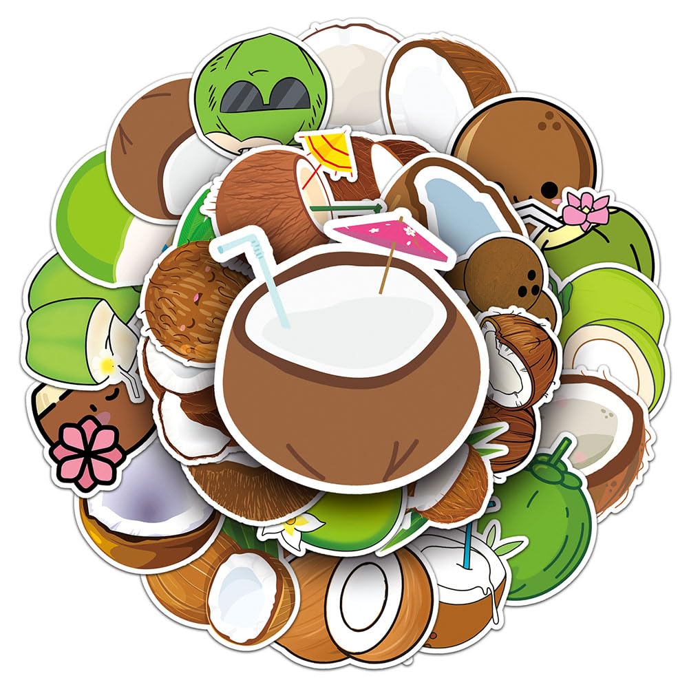 Coconut Stickers |50Pcs Coconut Waterproof Vinyl Decals For Water Bottles Laptop Luggage Cup Computer Mobile Phone Skateboard Gu