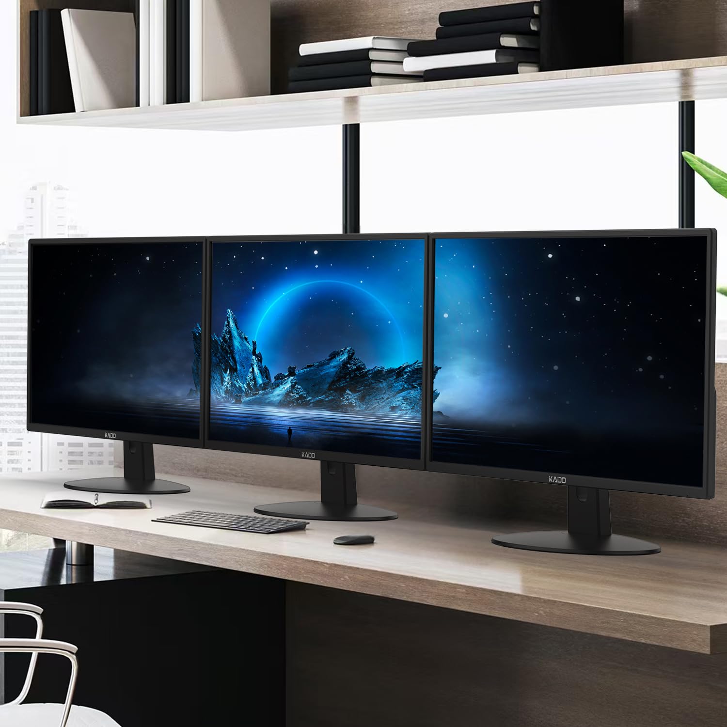 Kado Triple Monitor Setup   3 Pack 20'' 1600X900 Computer Monitor 75Hz Hd+ Vesa Mount Vga Hdmi Office Gaming Hybrid Built In Spe
