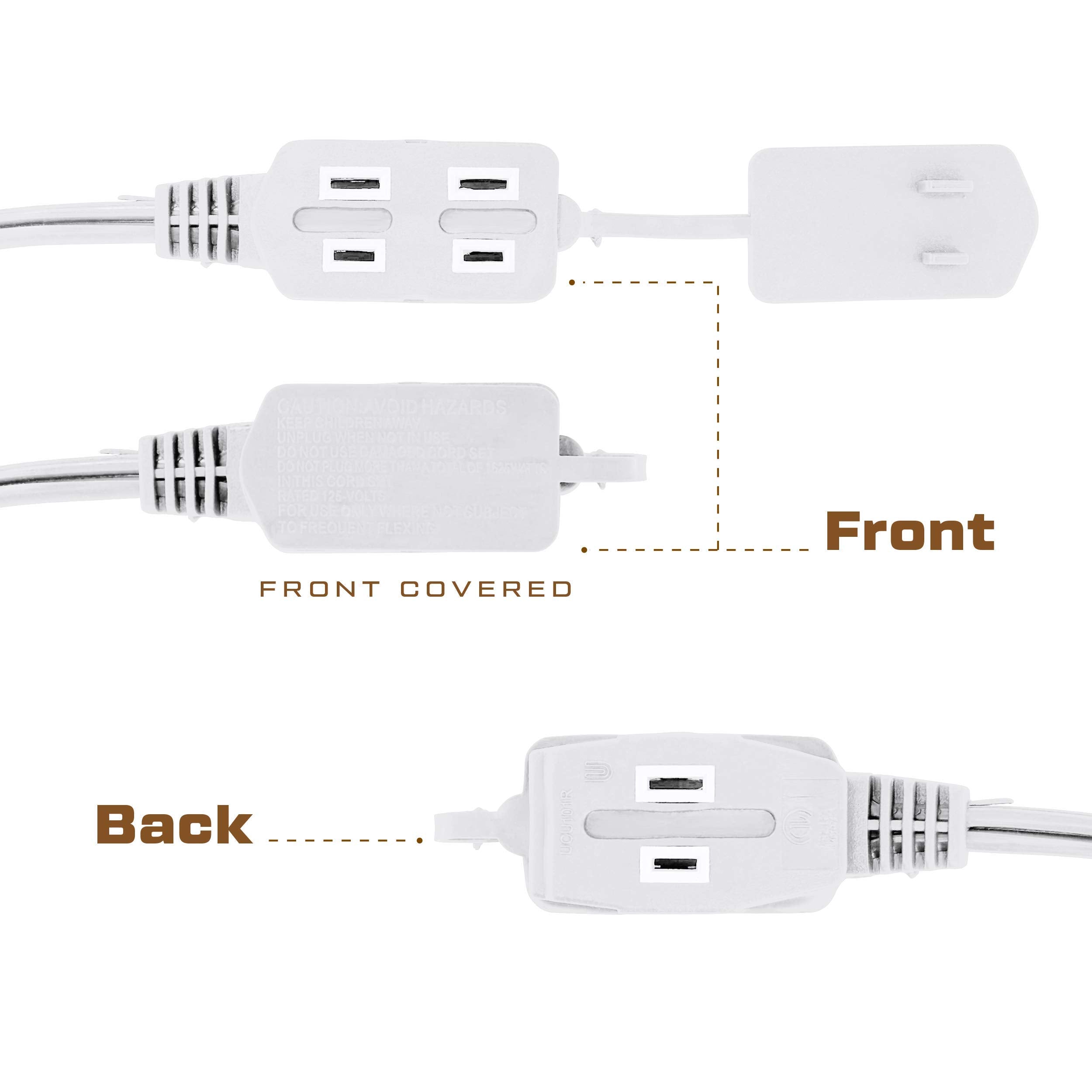 25 Feet White Extension Cord 3 Outlet 2 Prong 16 Gauge Cable, Indoor Use, 3 Receptacle Cube Tap, Extension Cord   By Revpex