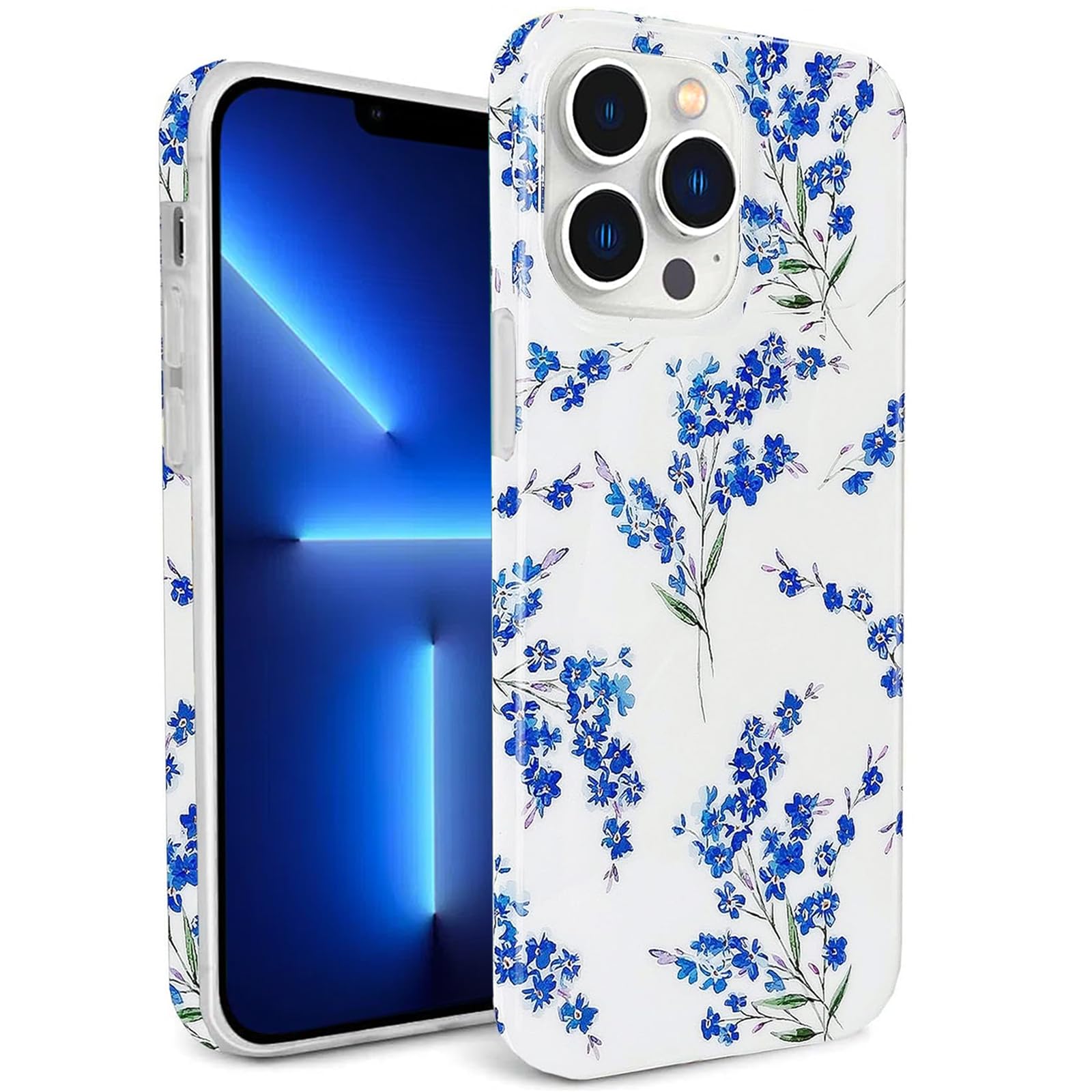 J.west Floral iPhone 13 Pro Max Case, Soft TPU Design, Shockproof Bumper for Women & Girls - 6.7  Blue