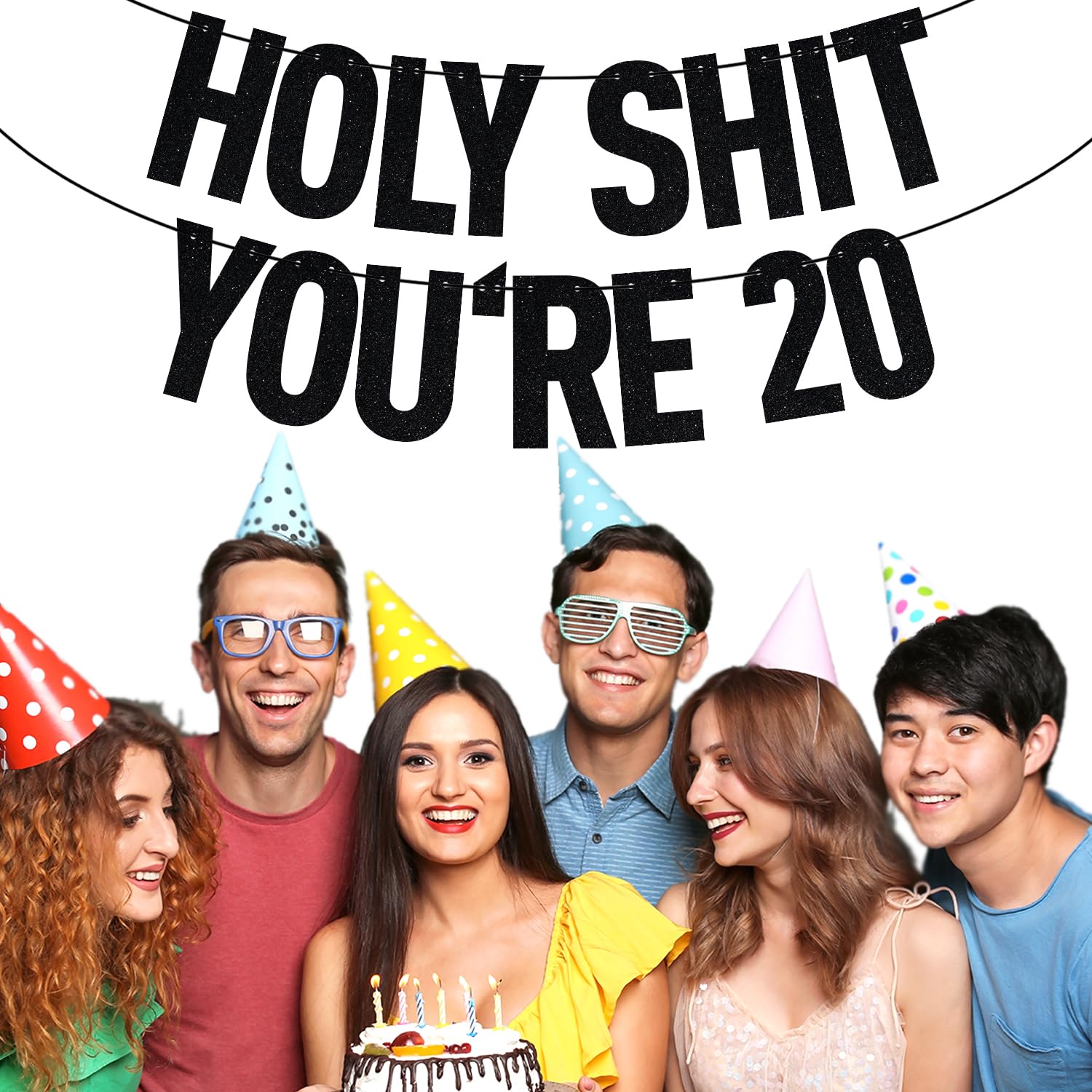 Black Glitter Holy Shit You'Re 20 Banner, Happy 20Th Birthday/Cheers To 20 Years, 20Th Birthday Party Decorations Supplies