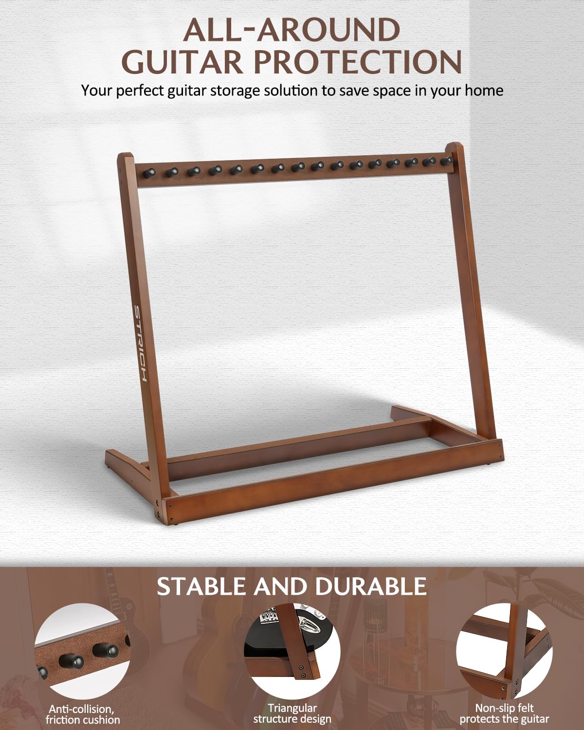 Strich Guitar Stand For Multiple Guitars, Hardwood Guitar Rack For 8 Electric Guitar Bass, Or 5 Acoustic Guitars, Padded Multi G