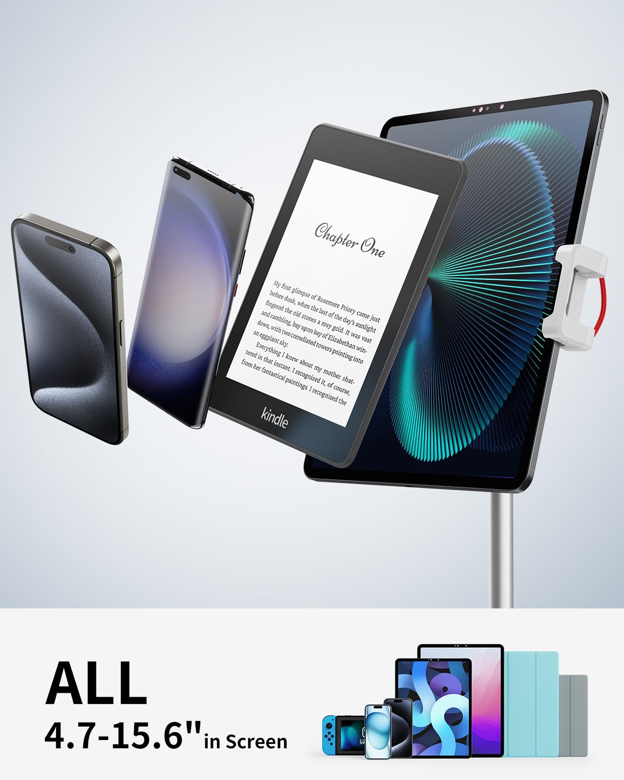 Saiji Tablet Stand Holder, Height Adjustable Portable Monitor Stand, 360 Degree Rotating, Aluminum Alloy Cradle Mount Dock For 4.7' 15.6' Screen Iphone Samsung, Ipad, Kindle, Ebook Reader (Silver)