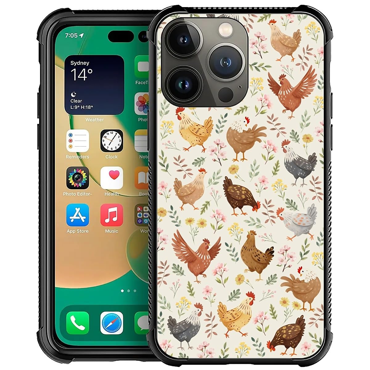 Deaorew for iPhone 14 Pro Case | Classic Slim Cover Design | Countryside Chicken Flowers