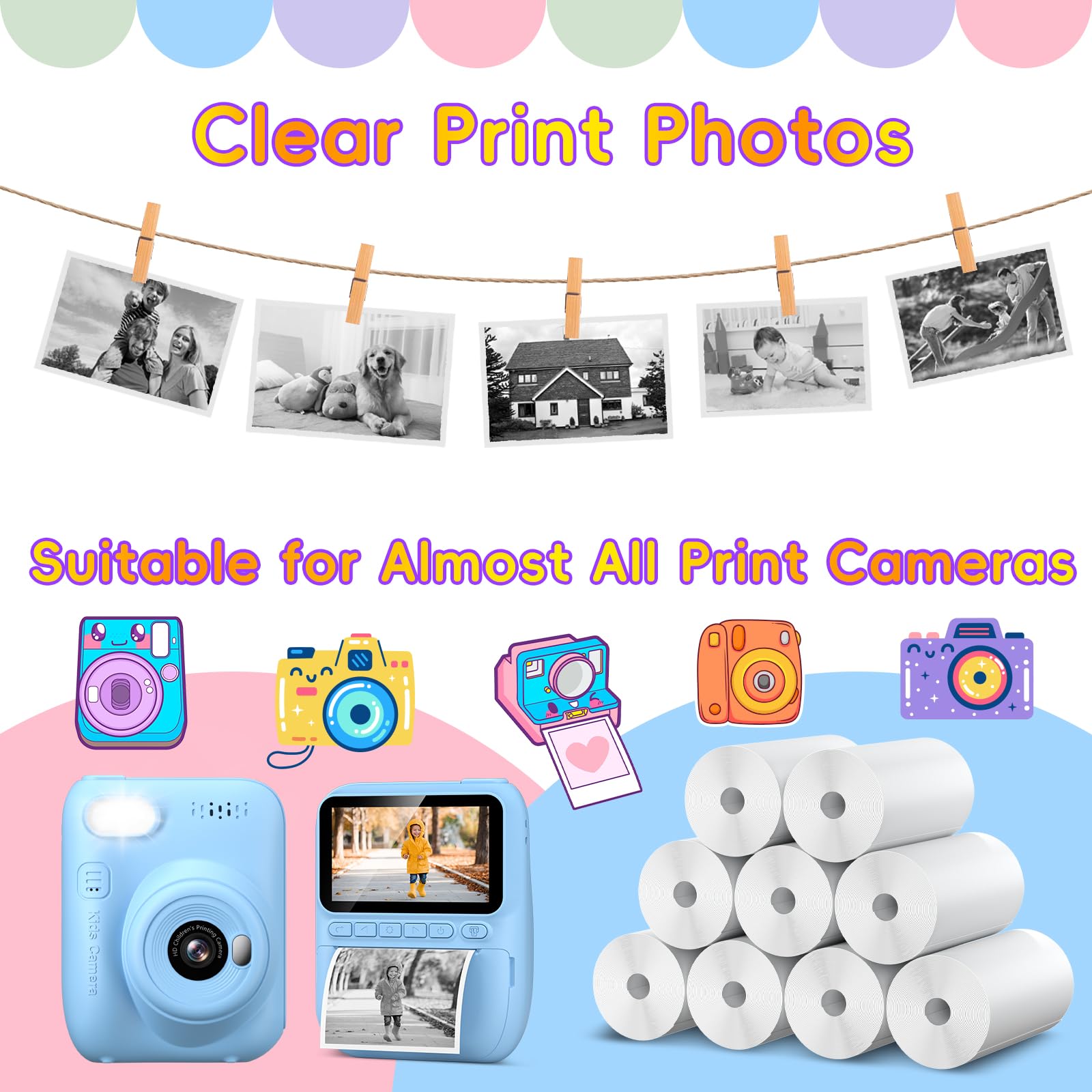 5 Rolls Kids Instant Camera Refill Print Paper Hd Printing Thermal Print Paper Set For Kid'S Instant Camera Favors Supplies(Whit