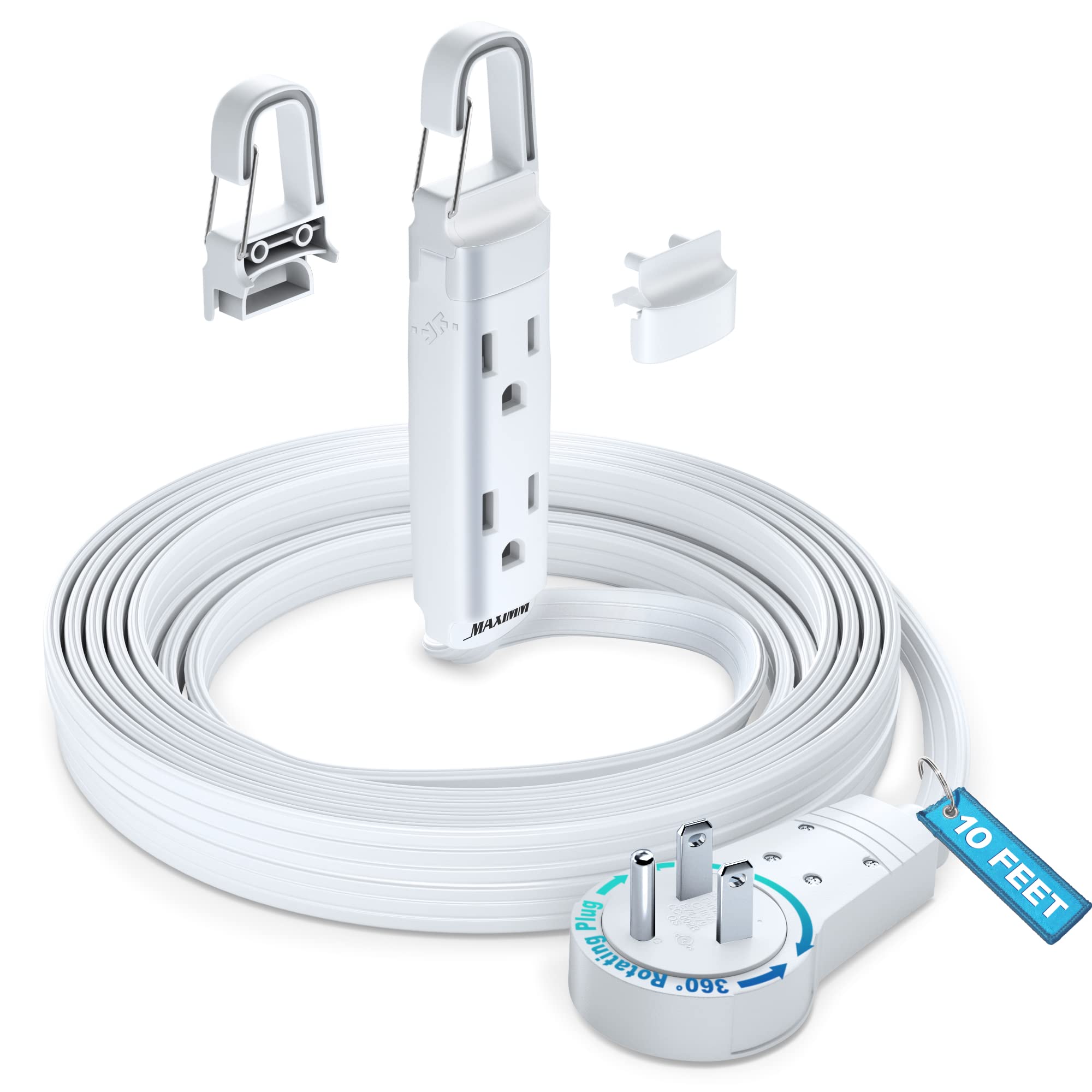 Maximm 360 Rotating Flat Plug Extension Cord With A Removable Hook, White Extension Cord 12 Ft (16 Gauge) Ul Certified