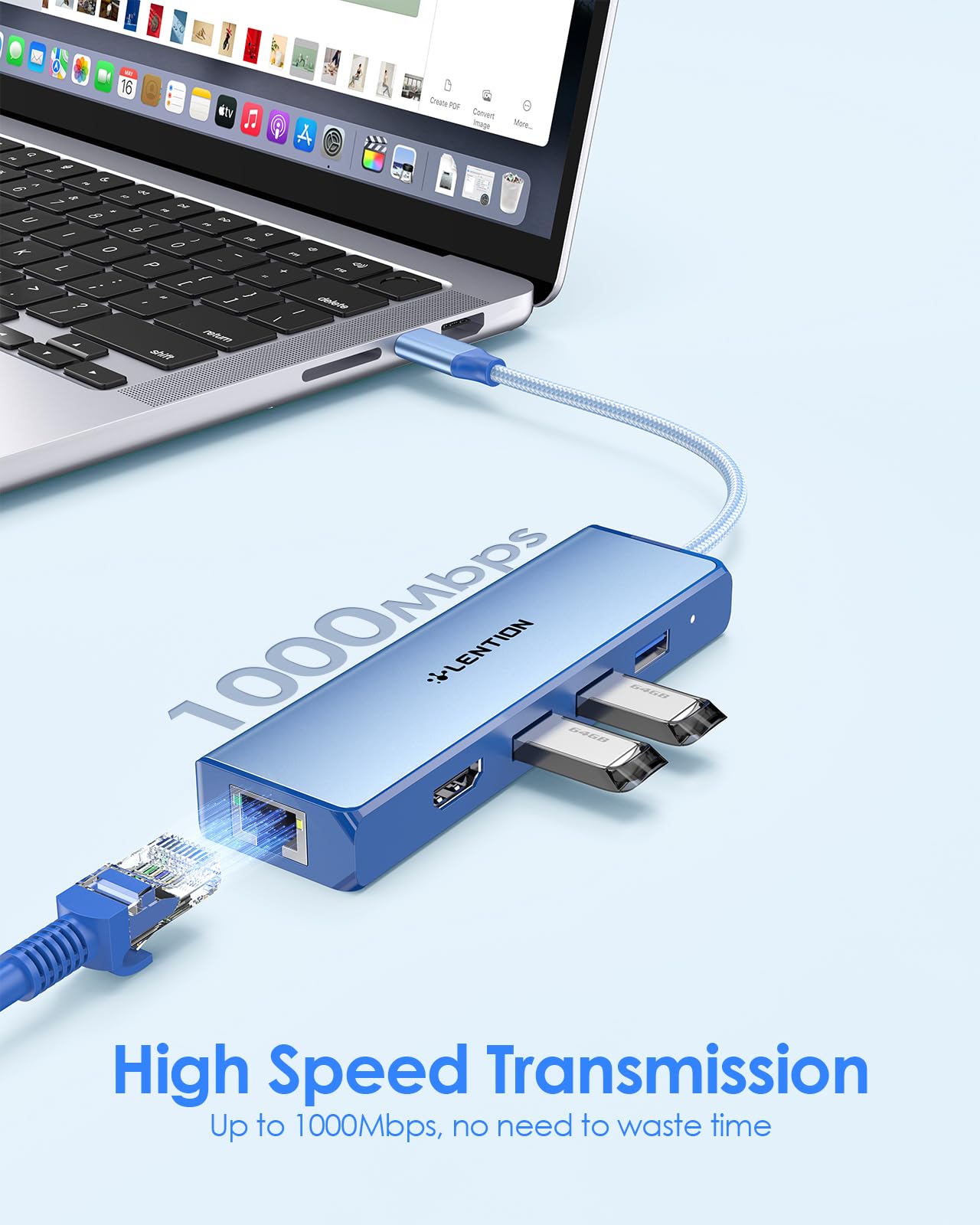 LENTION C25 USB C Hub 5-in-1 Gigabit Ethernet 4K HDMI 3 USB 3.0 Ports Blue