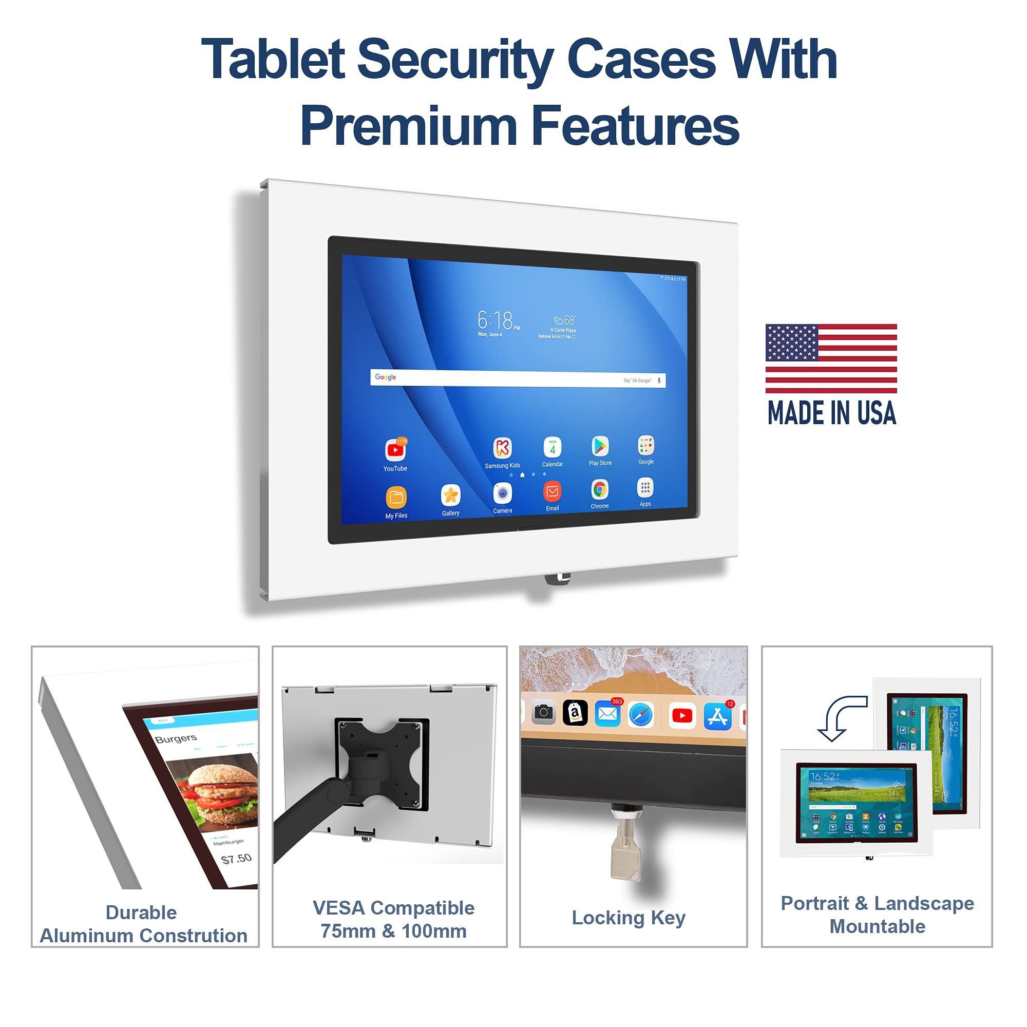 Tabcare Locking Anti Theft Metal Case For Samsung Galaxy Tab A 10.5' Tablet For Kiosk, Pos, Store, Show Display, Time Clock (Tab A 10.5, White)